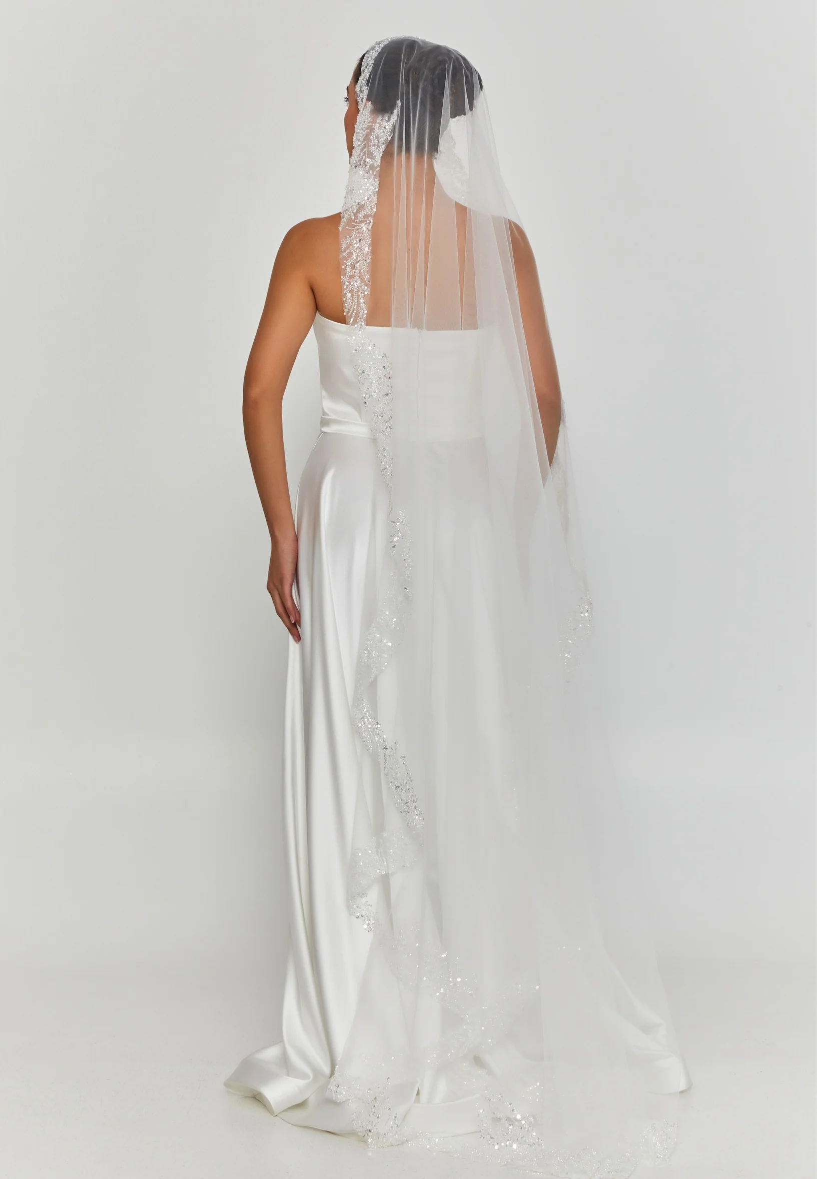 Beaded Section Single Tier Tulle Veil aba24-41 - Image 2