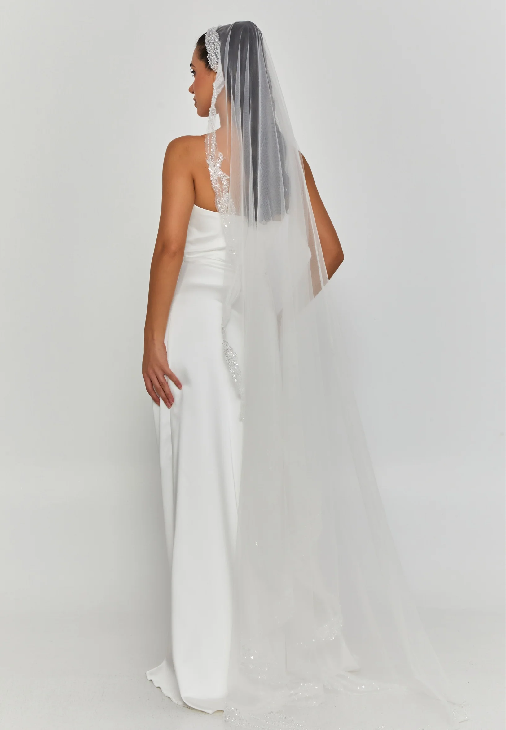 Beaded Section Single Tier Tulle Veil aba24-44 - Image 2