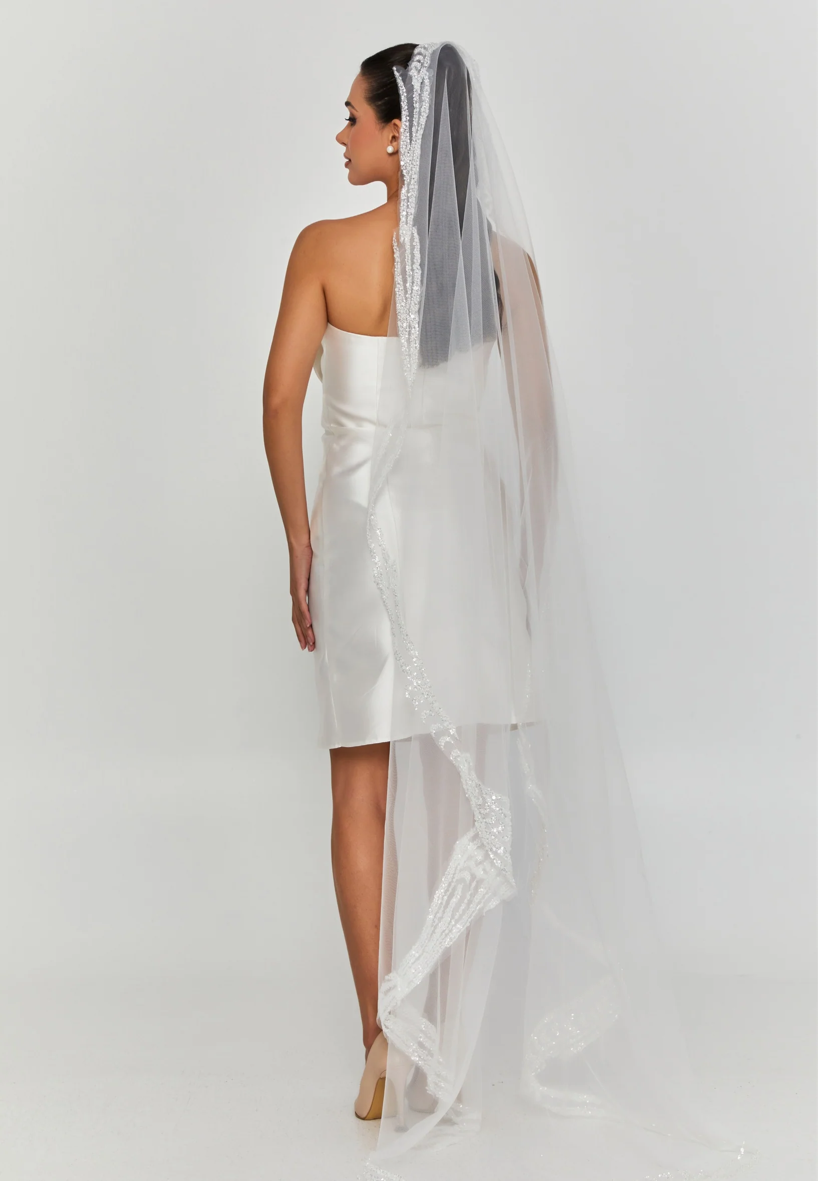 Beaded Section Single Tier Tulle Veil aba24-45 - Image 2