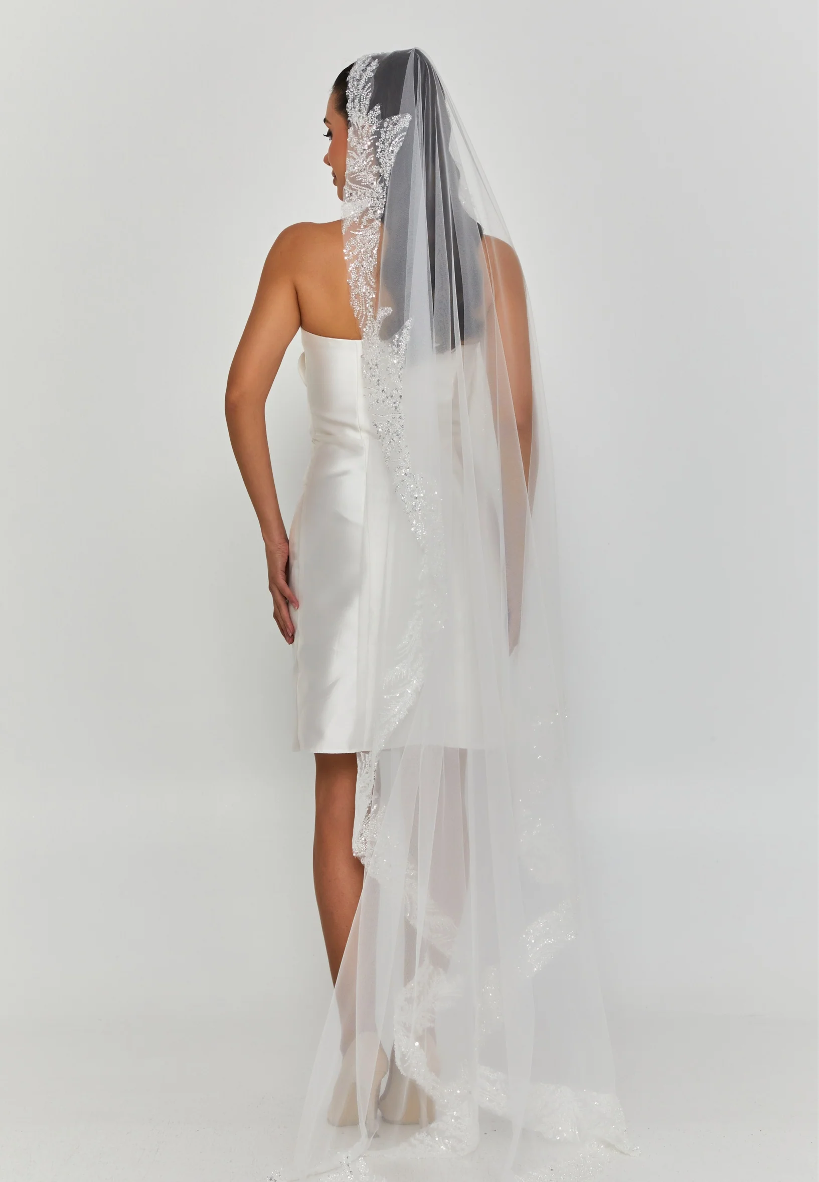 Beaded Section Single Tier Tulle Veil aba24-54 - Image 2
