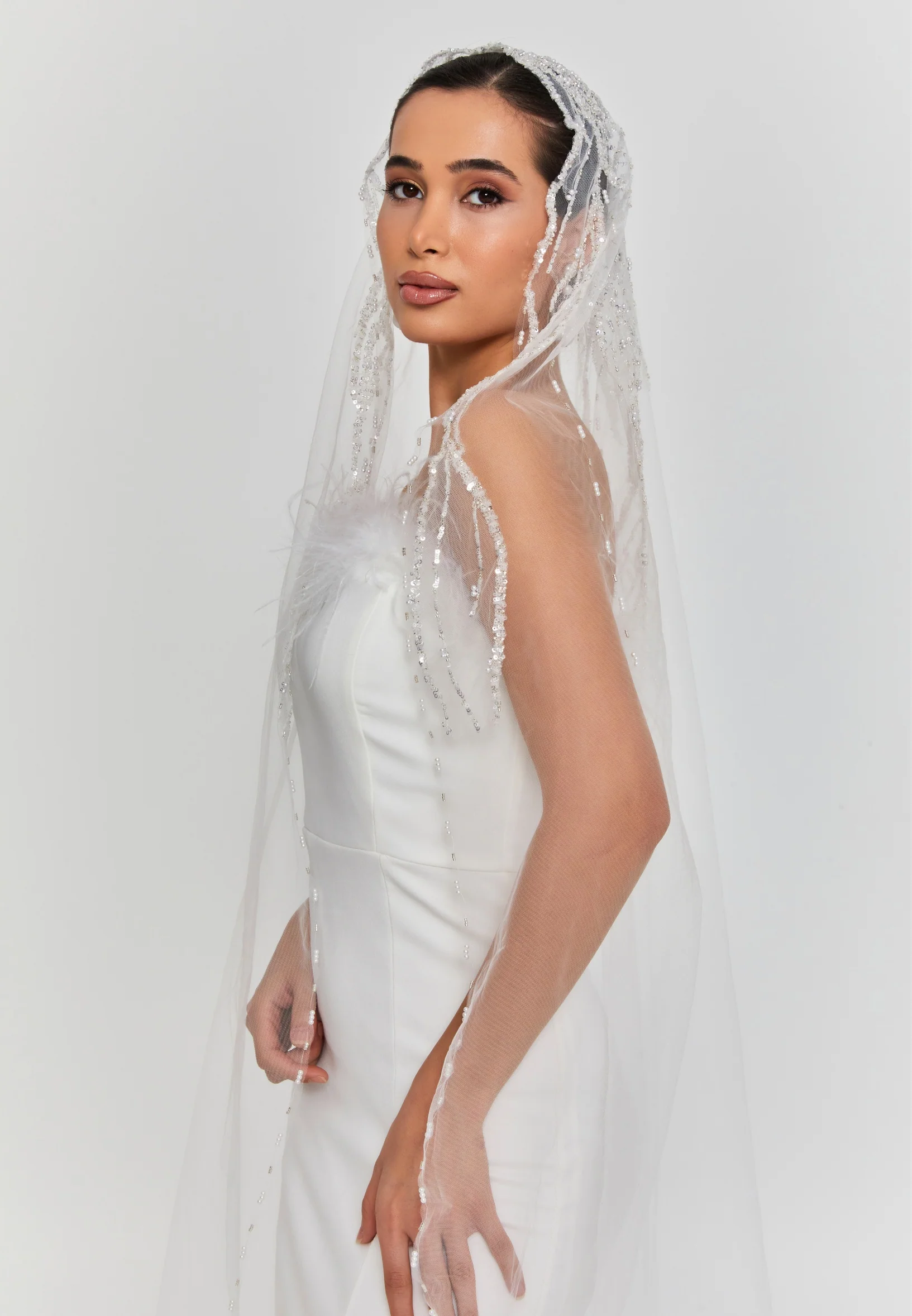 Beaded Section Single Tier Tulle Veil aba24-58 - Image 5