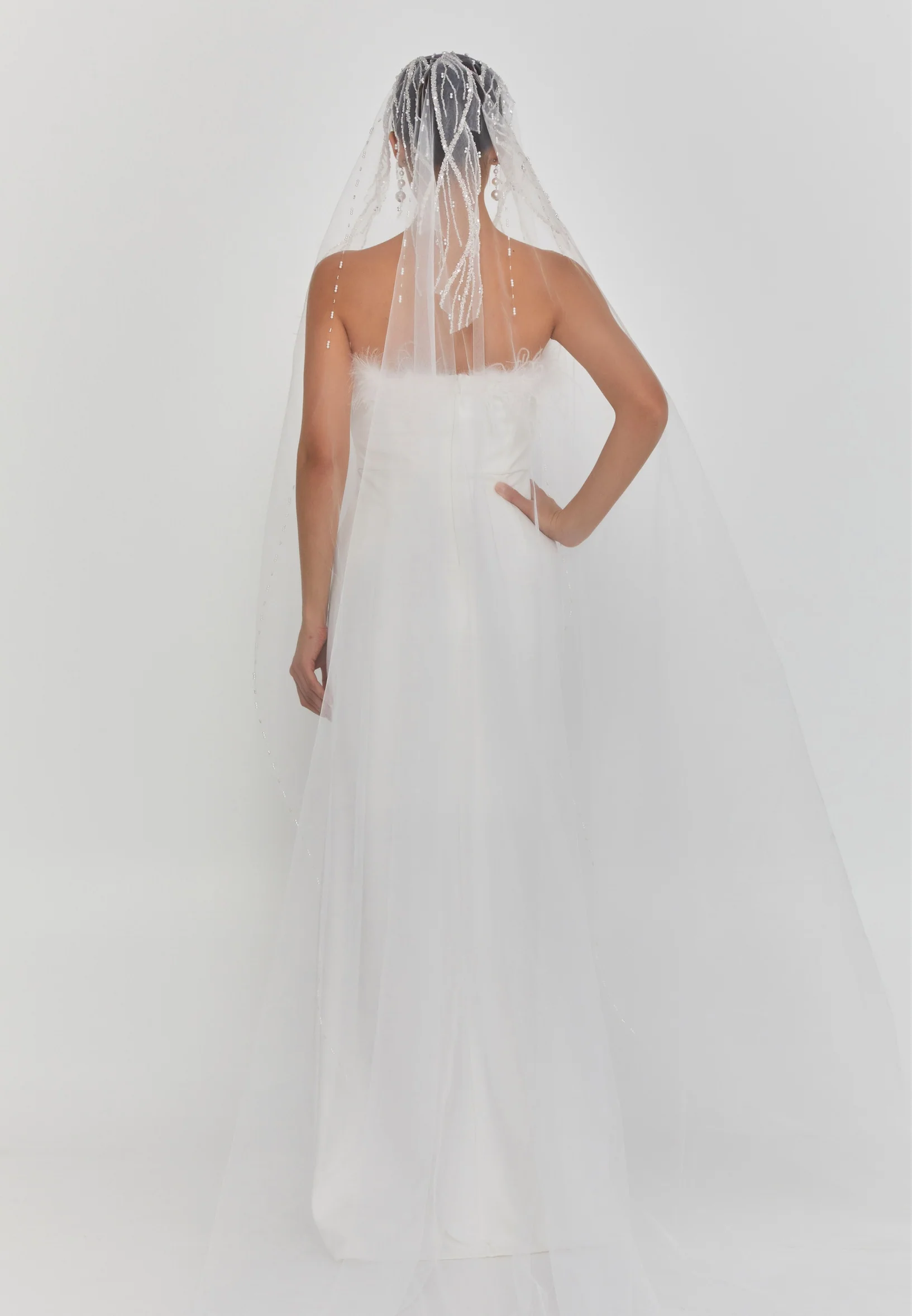 Beaded Section Single Tier Tulle Veil aba24-64 - Image 2