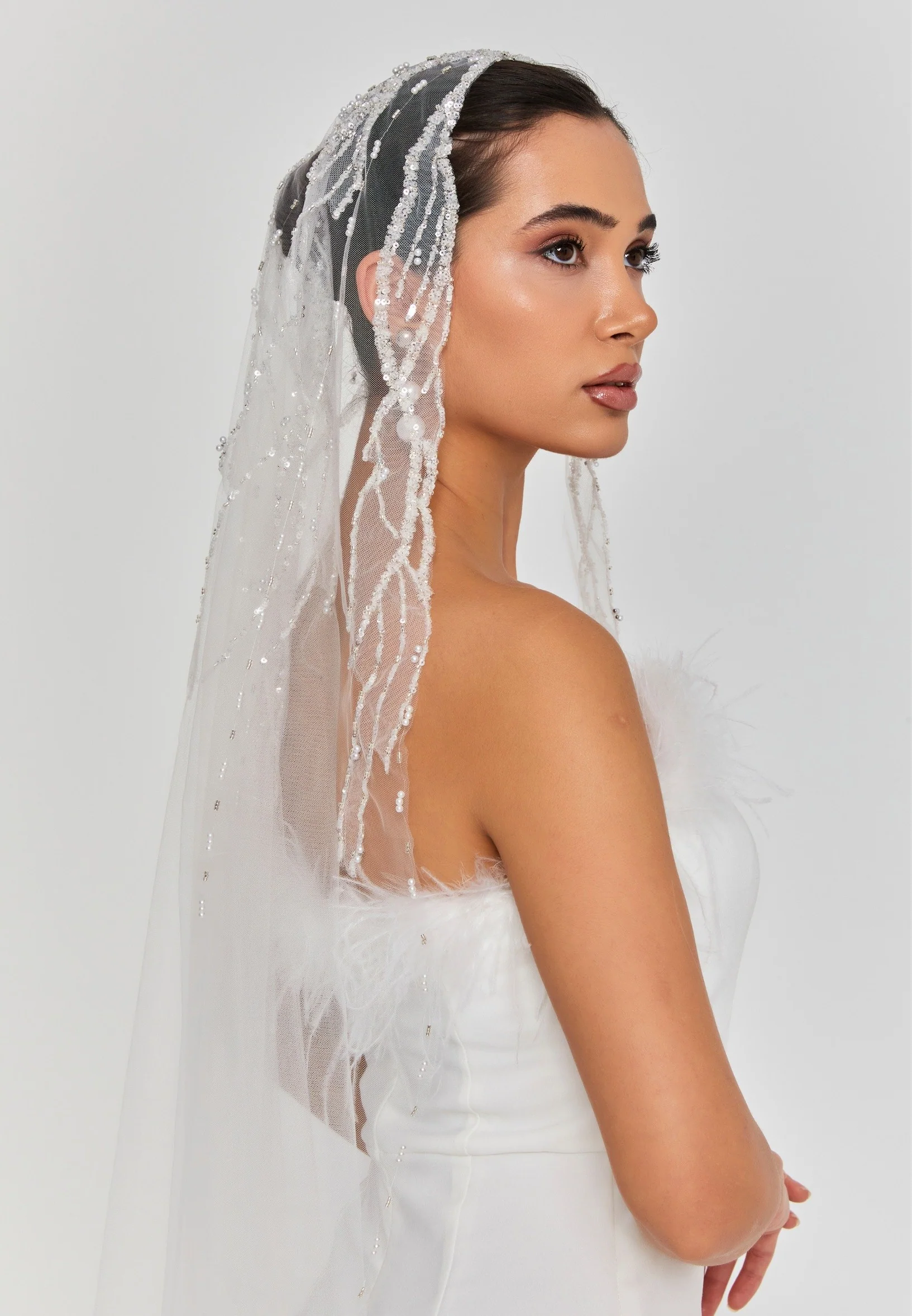 Beaded Section Single Tier Tulle Veil aba24-64 - Image 5