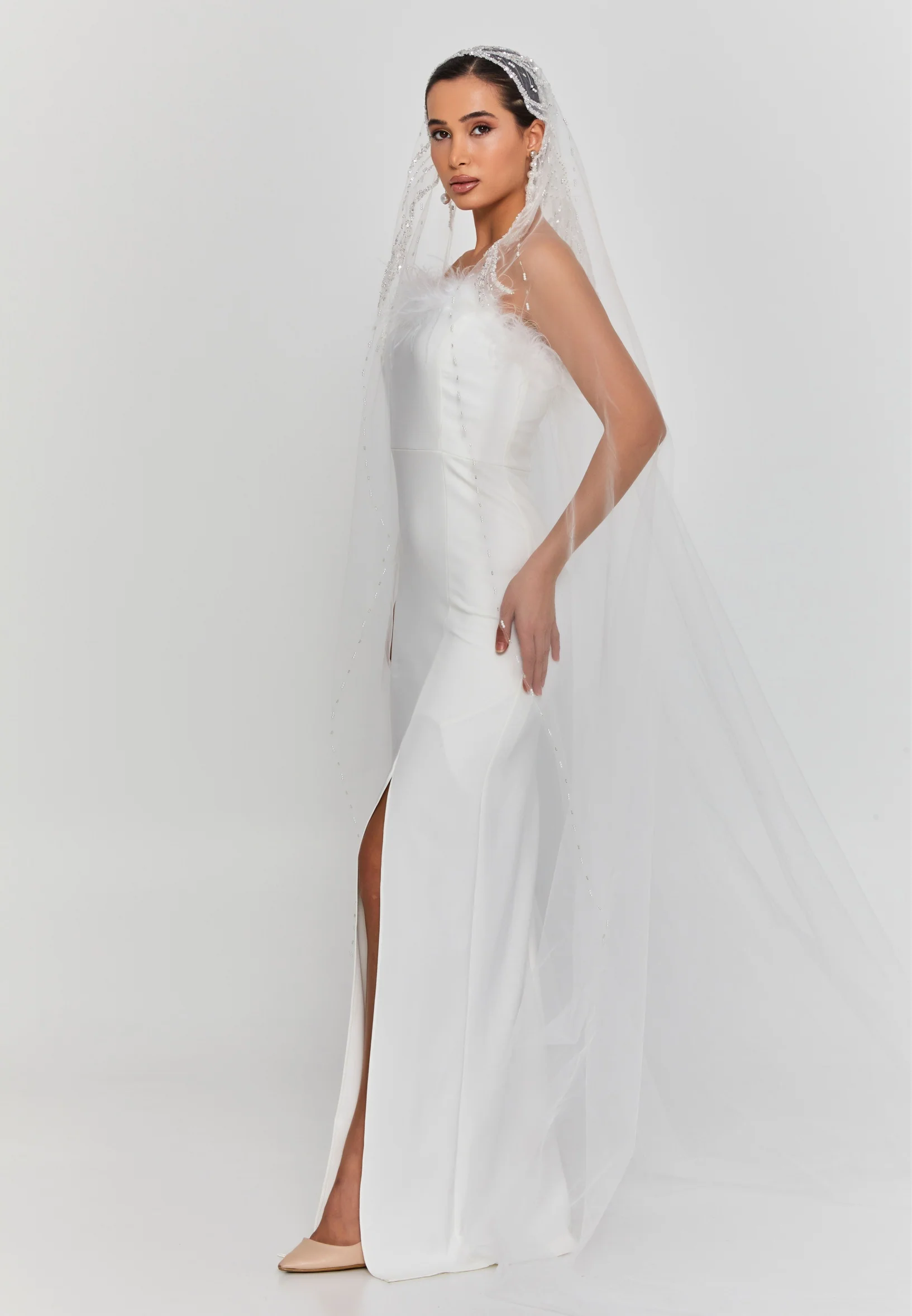 Beaded Section Single Tier Tulle Veil aba24-65 - Image 3