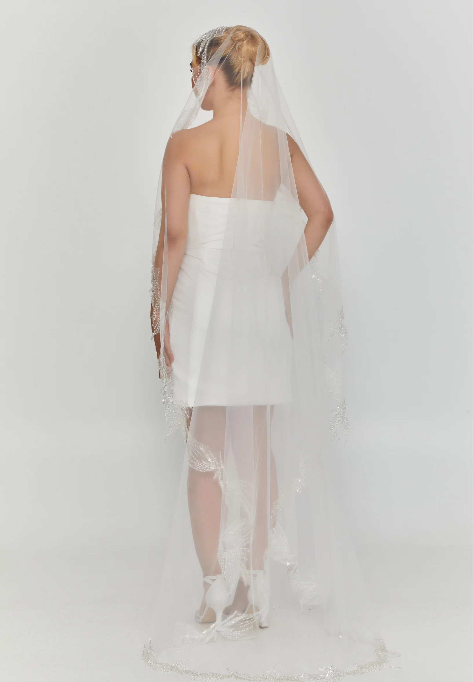 Beaded Section Single Tier Tulle Veil aba2404060 - Image 2