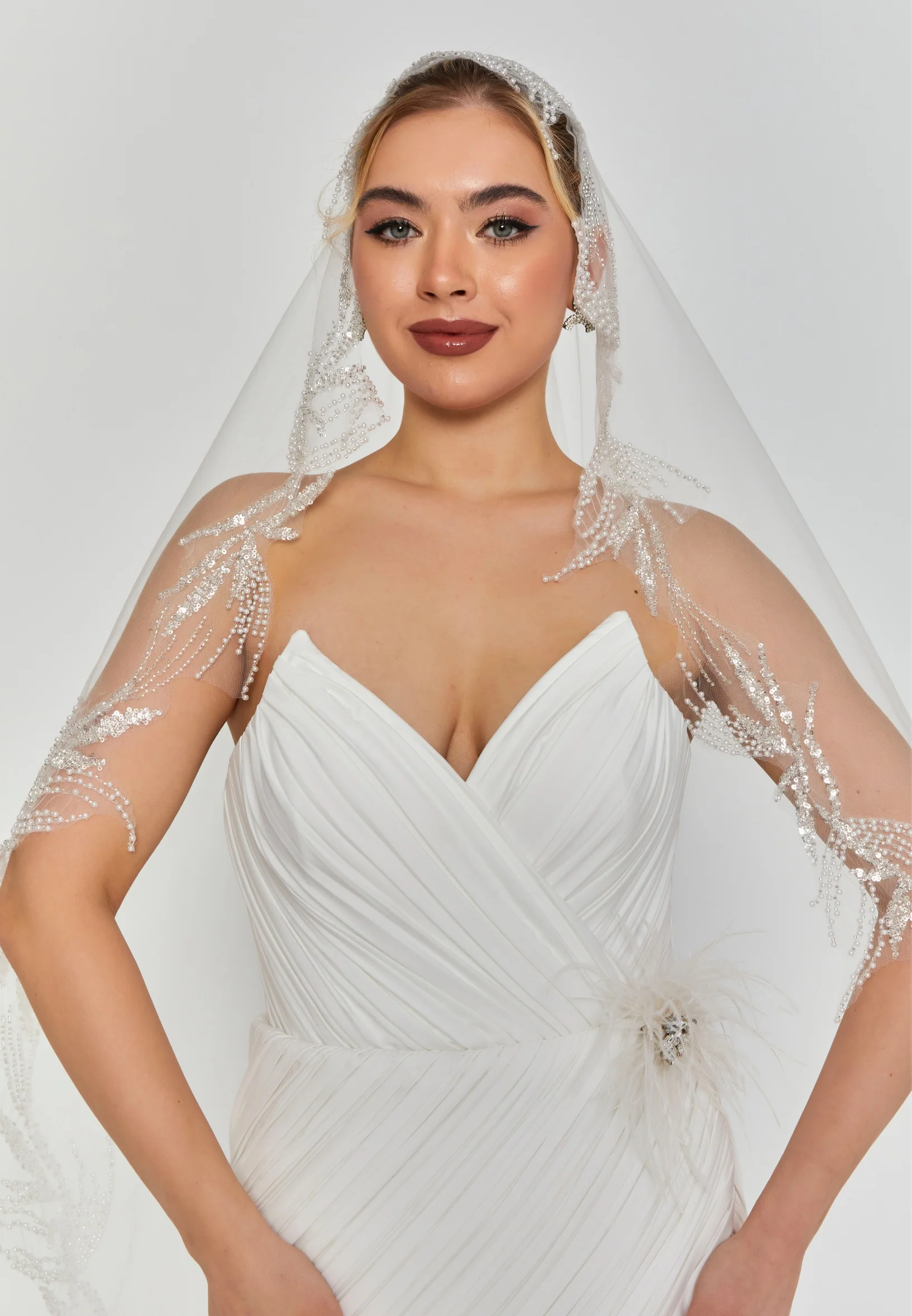 Beaded Section Single Tier Tulle Veil aba2404060 - Image 4