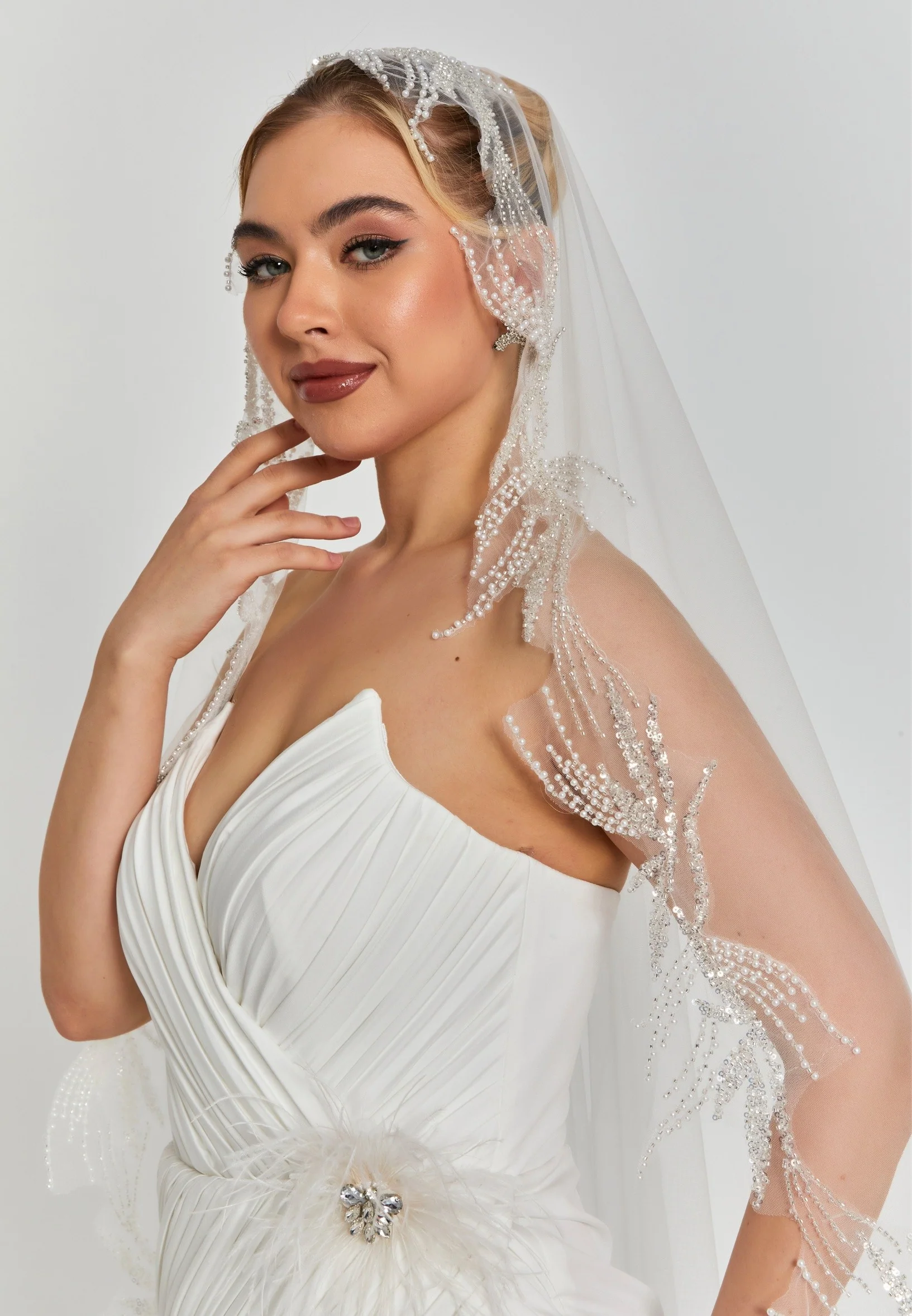 Beaded Section Single Tier Tulle Veil aba2404060 - Image 5