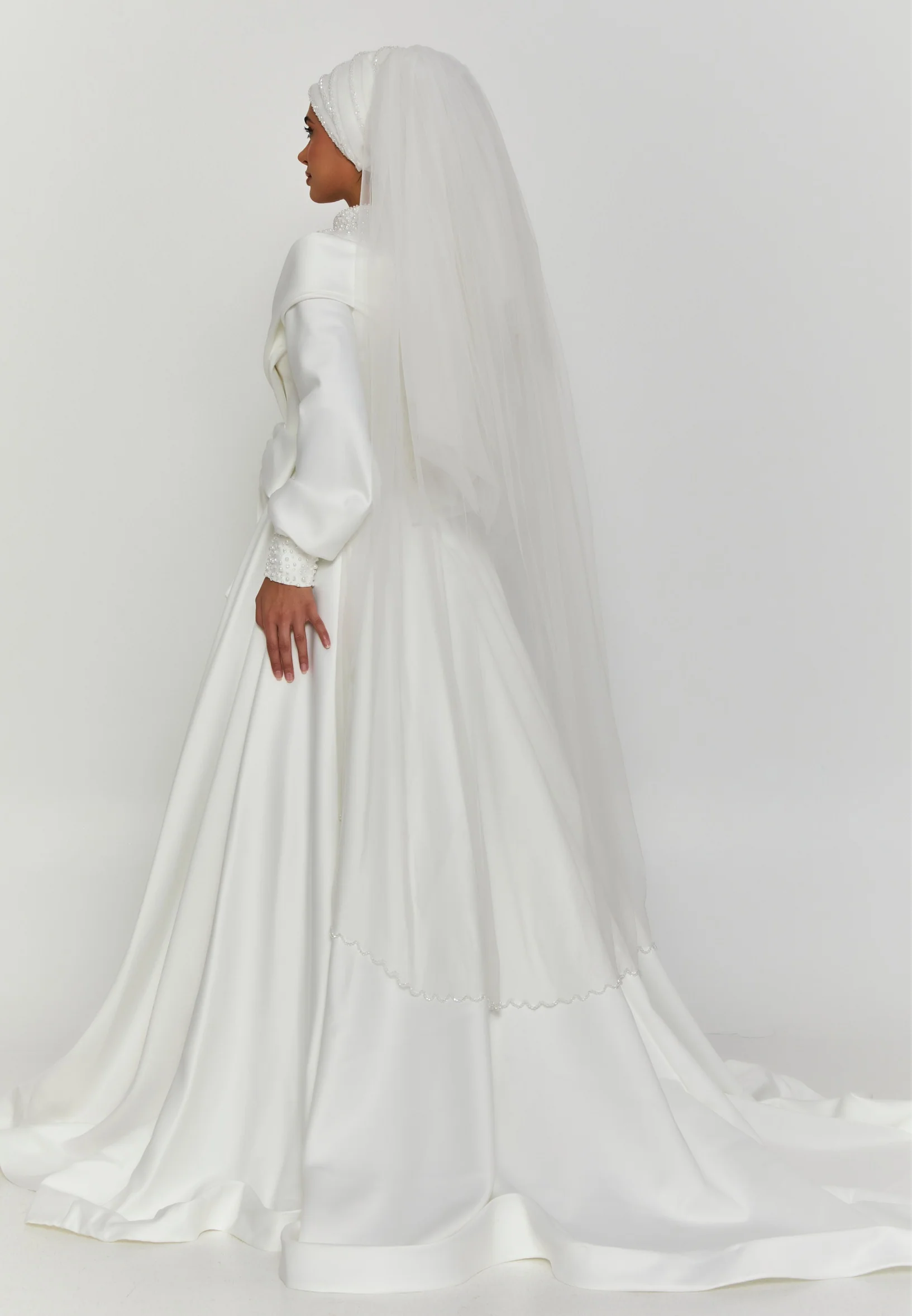 Beaded Section Single Tier Tulle Veil abakristal duvak - Image 2