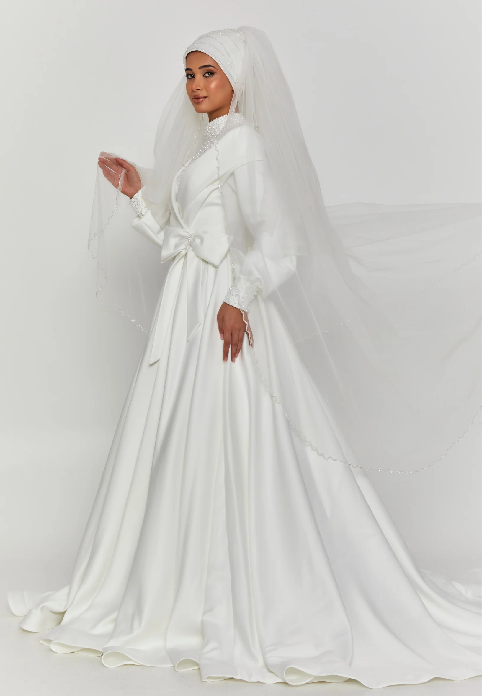 Beaded Section Single Tier Tulle Veil abakristal duvak - Image 3