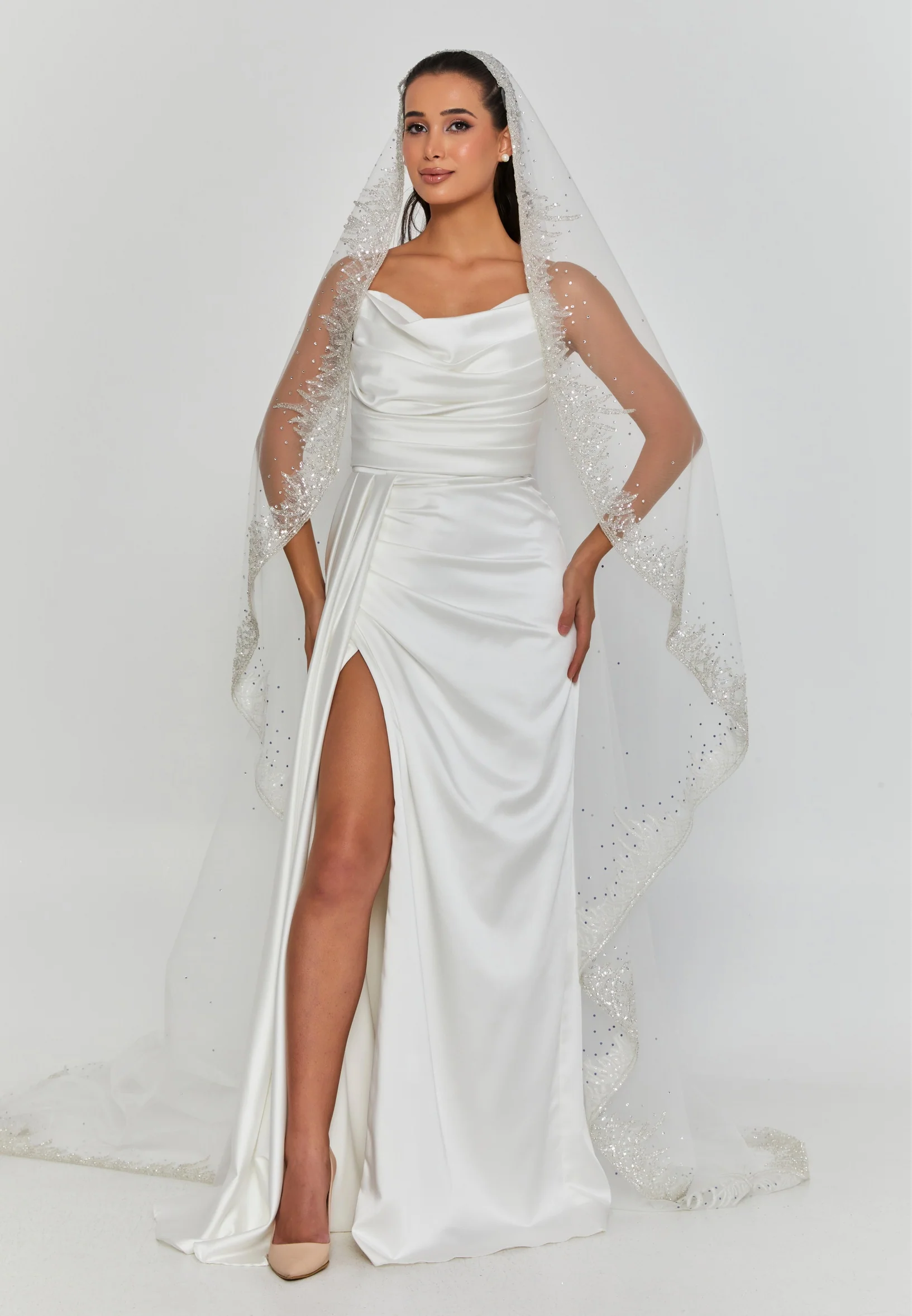 Beaded Section Single Tier Tulle Veil abbdvk-220