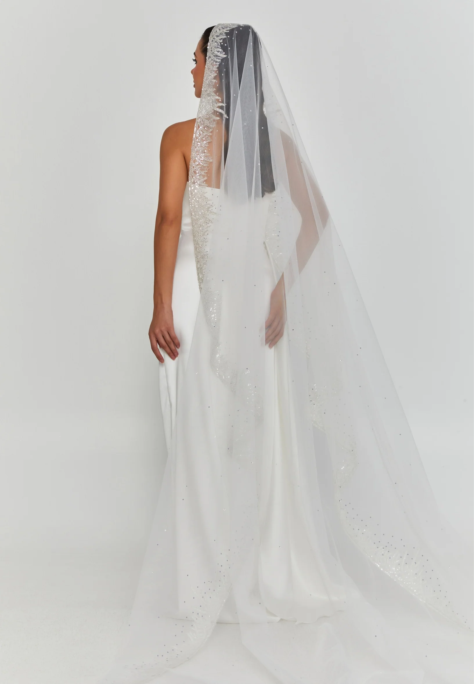 Beaded Section Single Tier Tulle Veil abbdvk-220 - Image 2