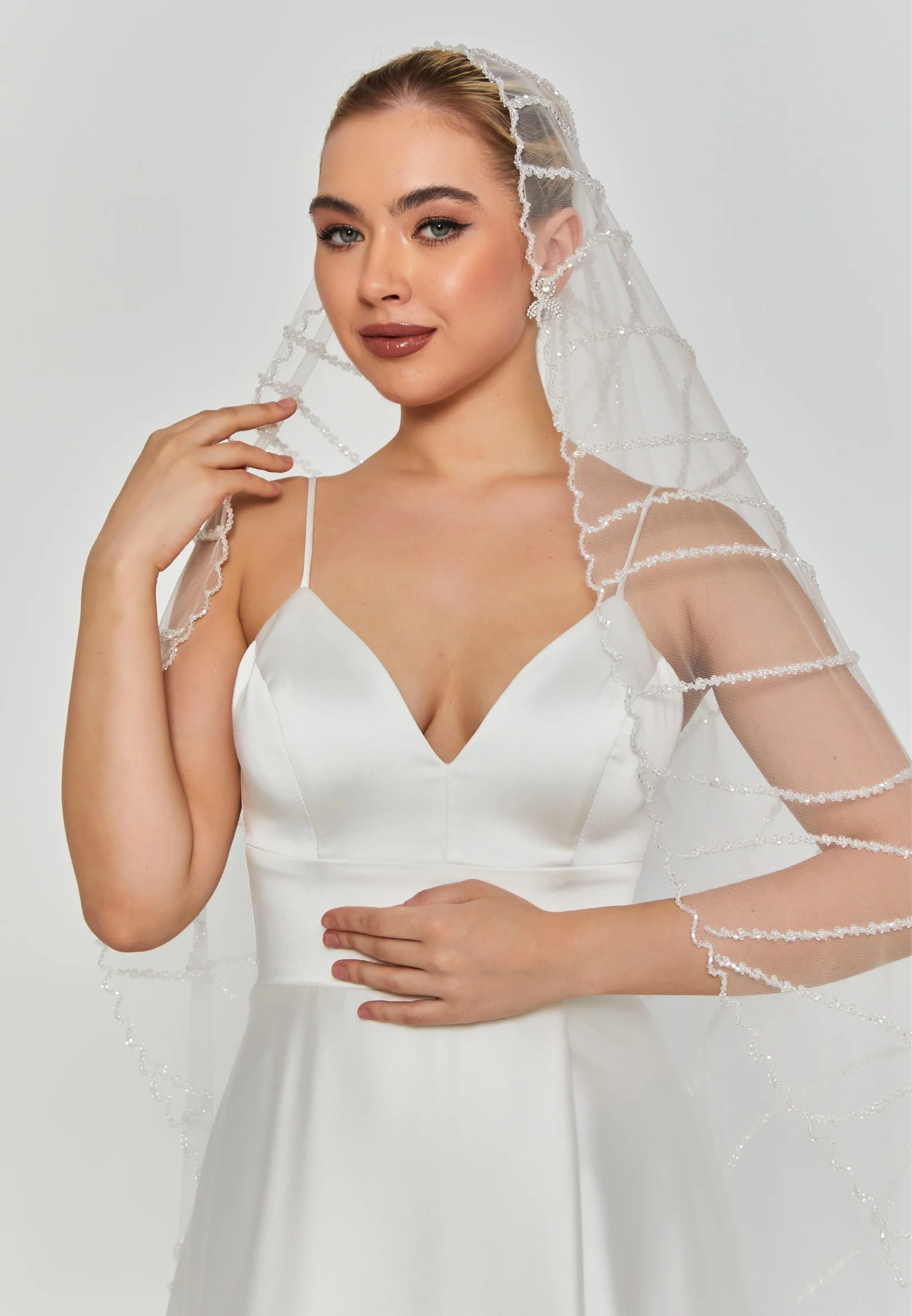 Beaded Section Single Tier Tulle Veil abbdvk170 - Image 4
