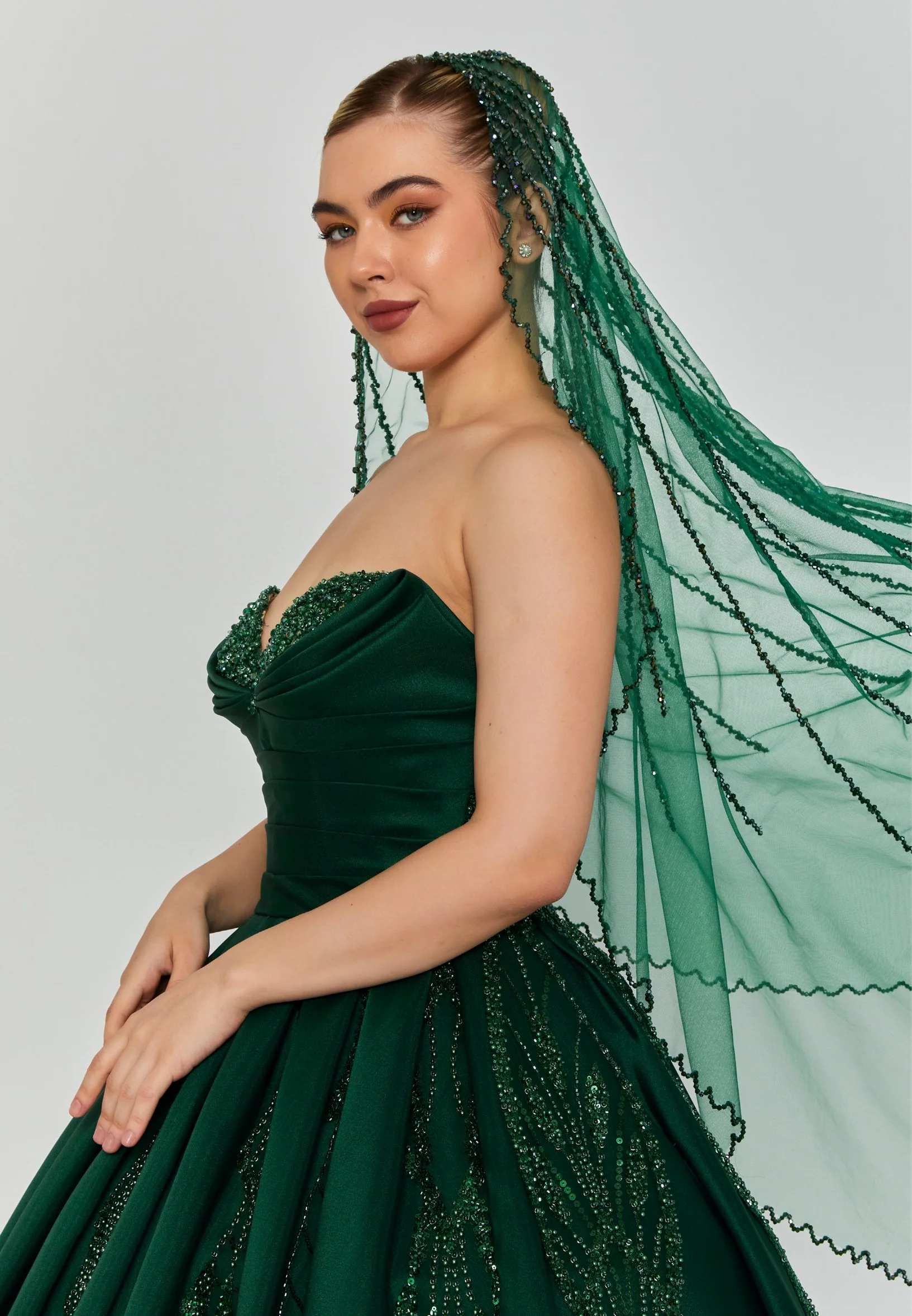 Beaded Section Single Tier Tulle Veil abbdvk180 - Image 10