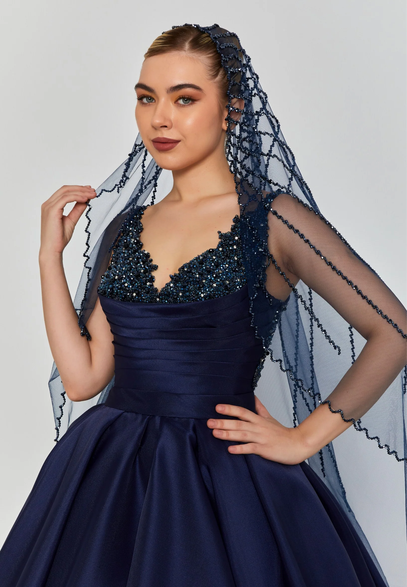 Beaded Section Single Tier Tulle Veil abbdvk180 - Image 14