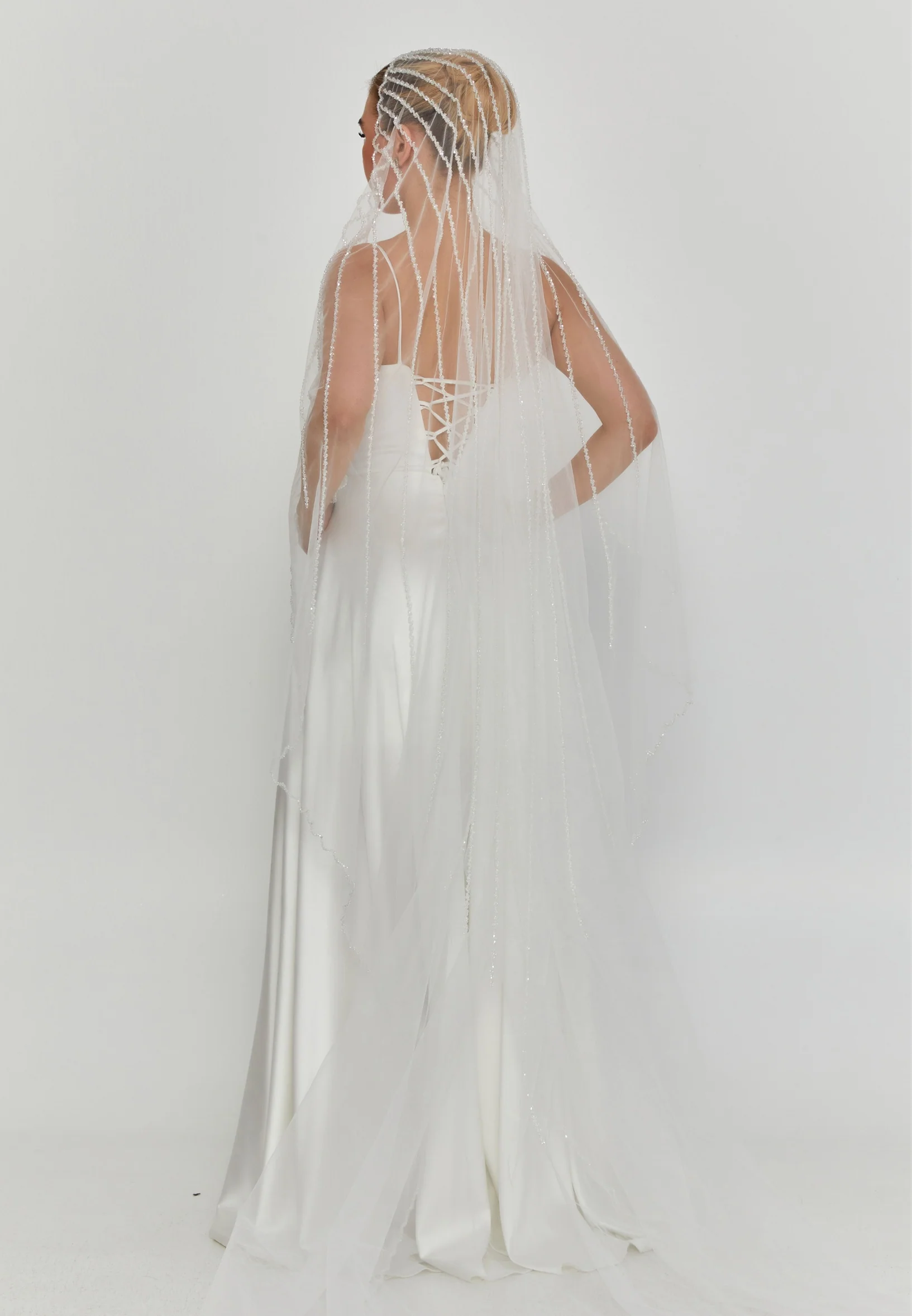 Beaded Section Single Tier Tulle Veil abbdvk180 - Image 17