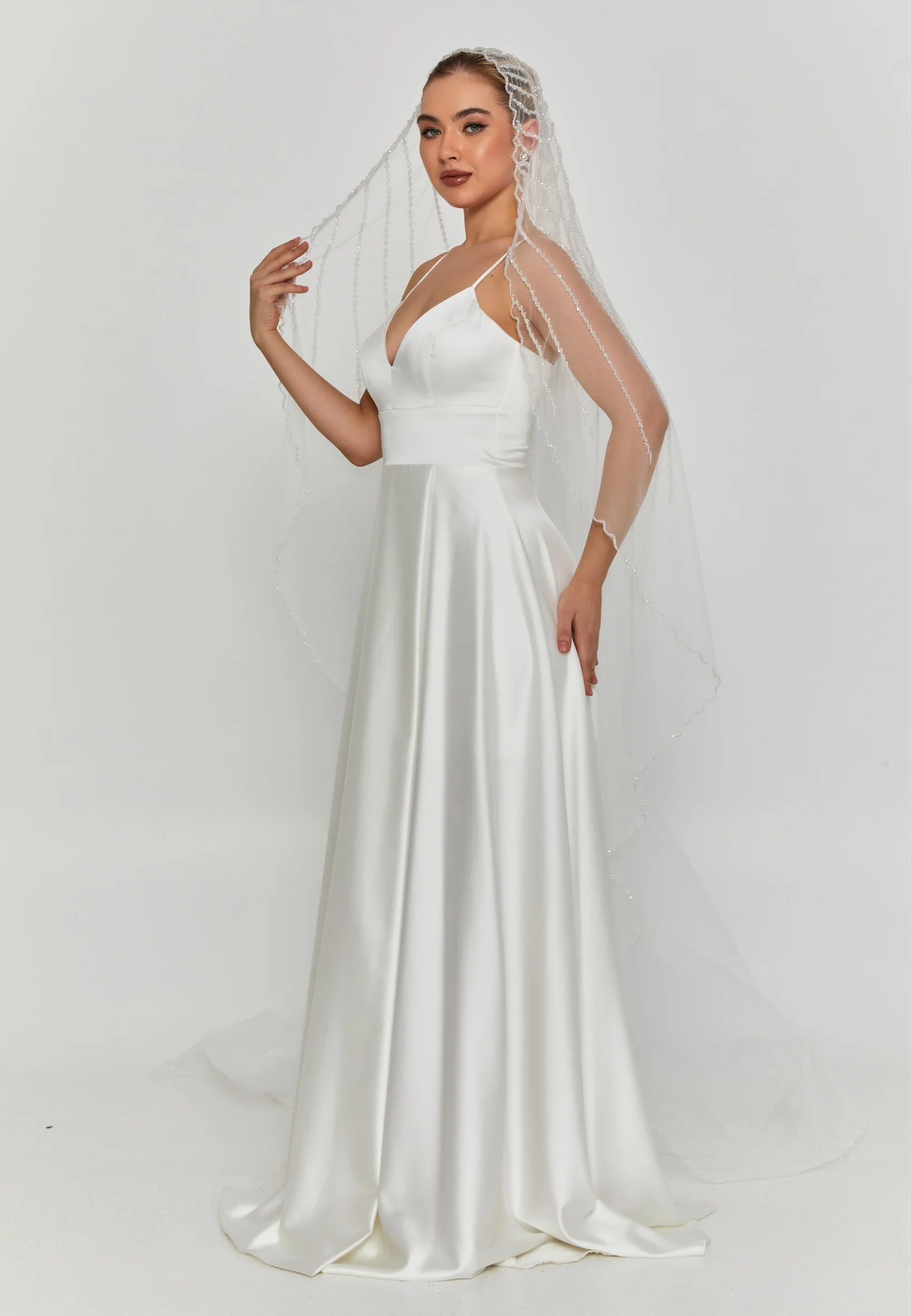 Beaded Section Single Tier Tulle Veil abbdvk180 - Image 18