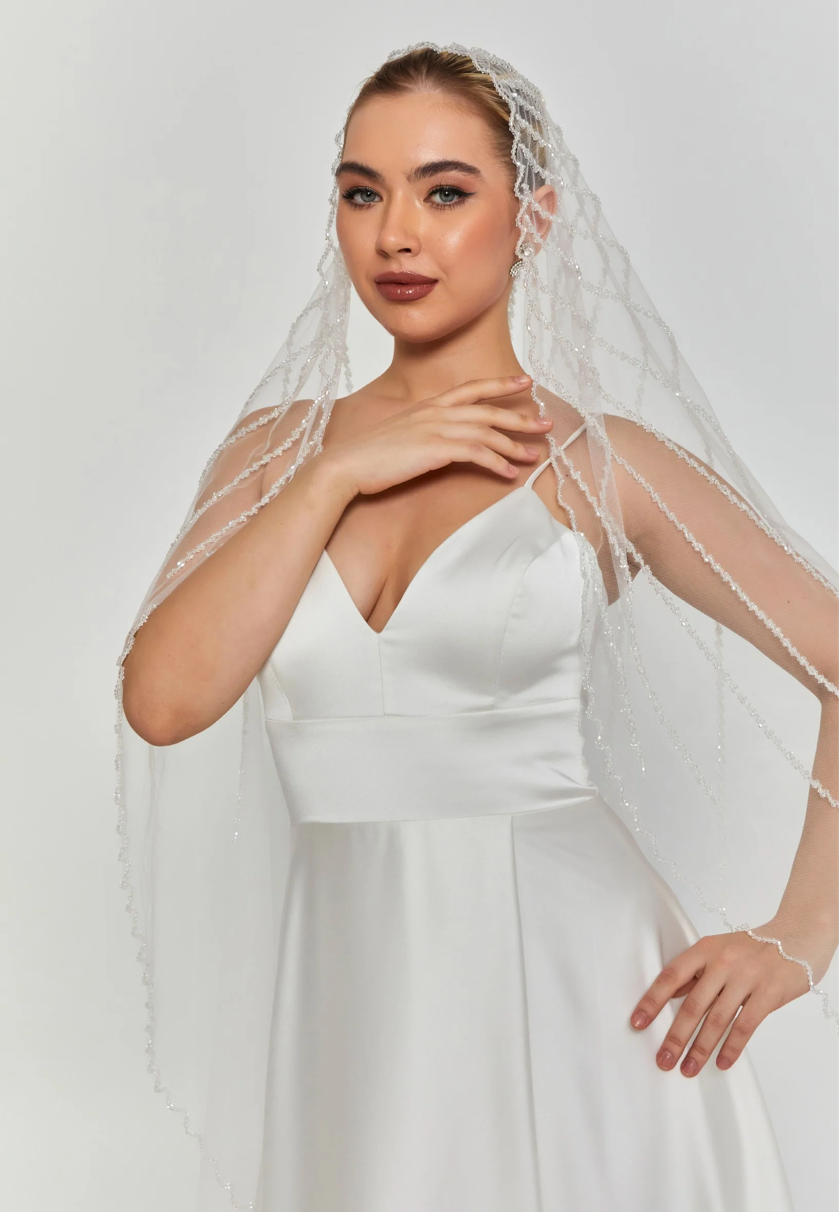 Beaded Section Single Tier Tulle Veil abbdvk180 - Image 19