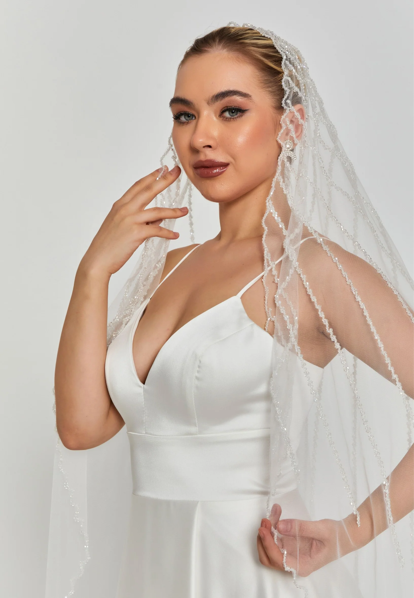 Beaded Section Single Tier Tulle Veil abbdvk180 - Image 20