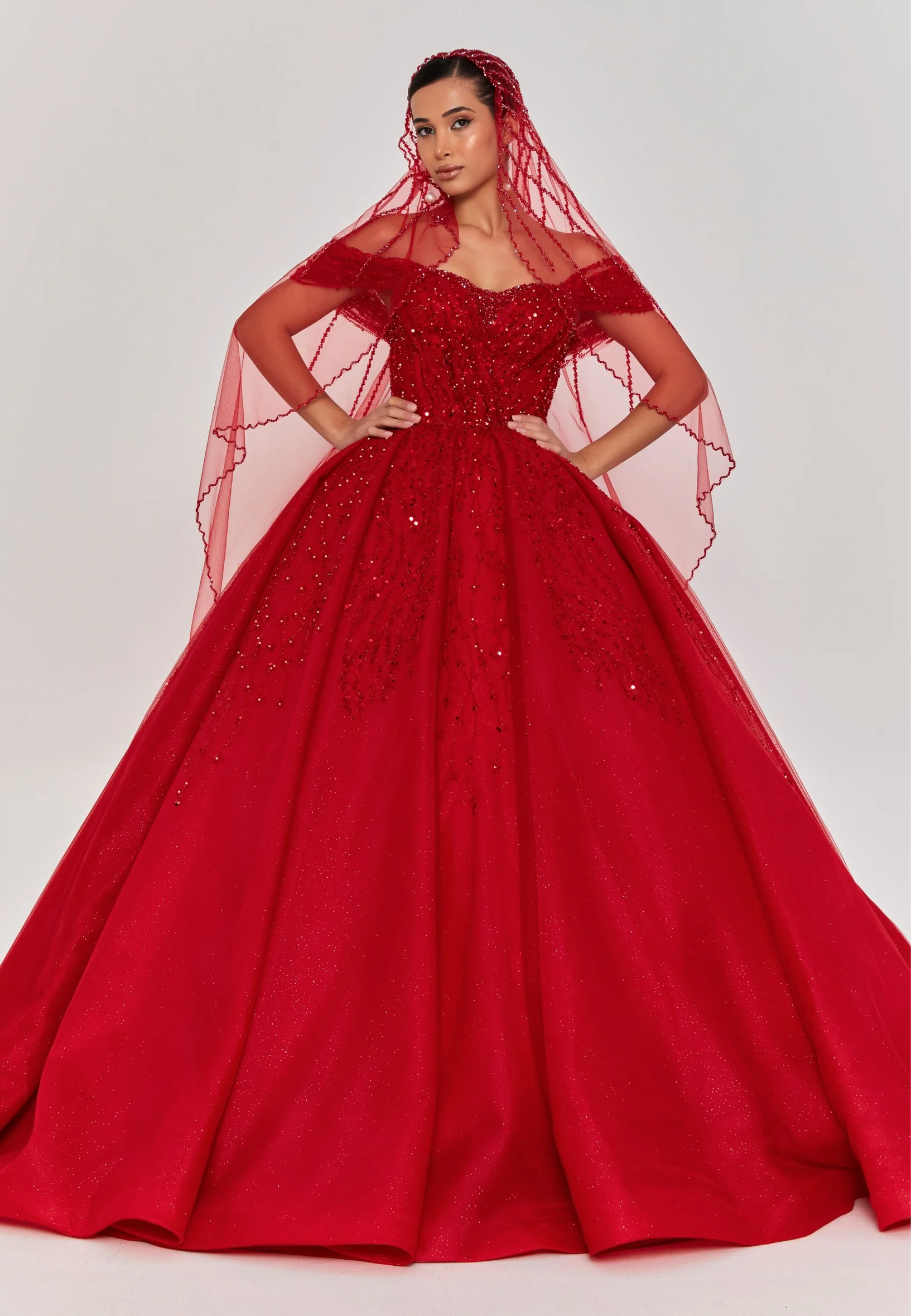 Beaded Section Single Tier Tulle Veil abbdvk180 - Image 21