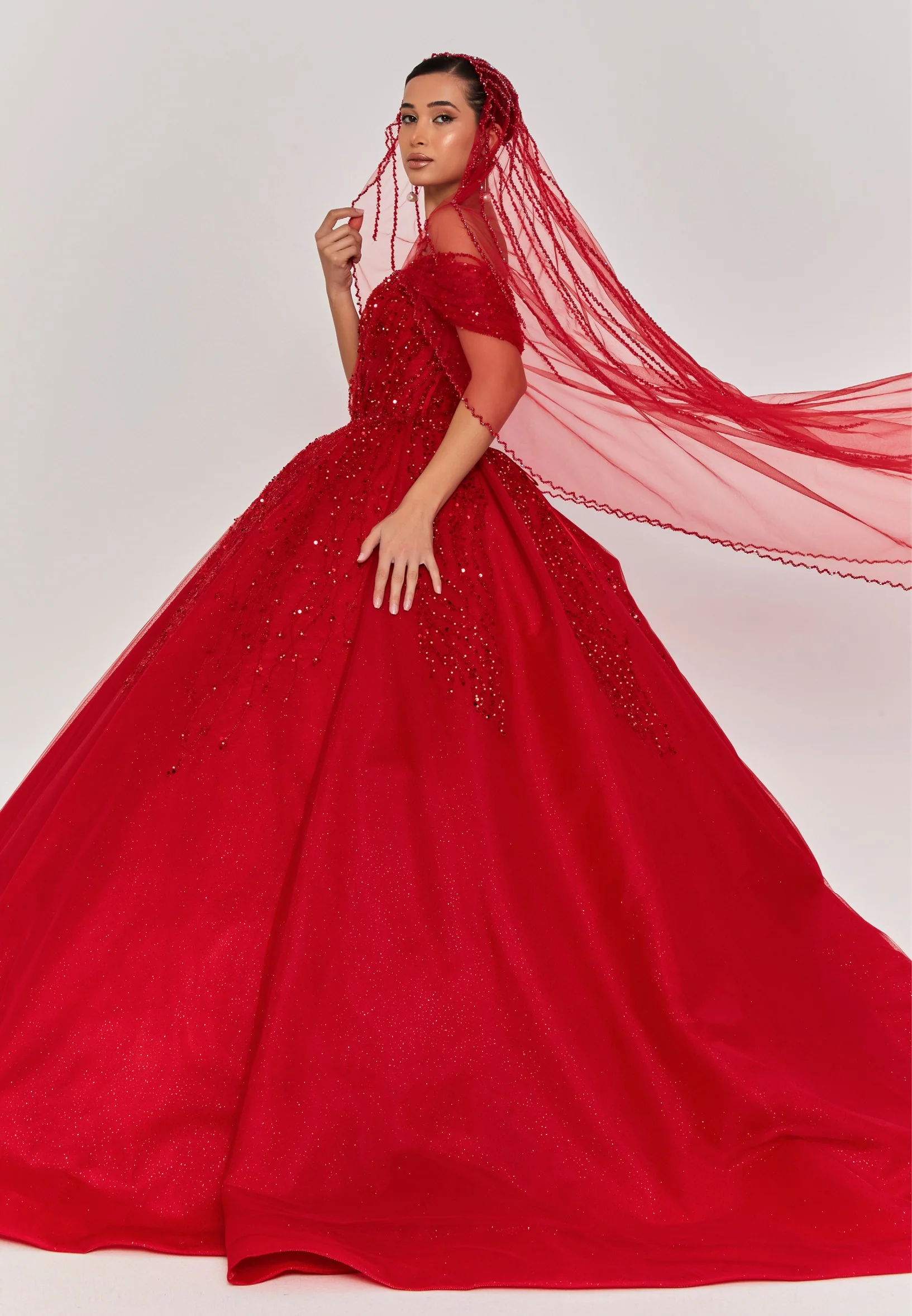 Beaded Section Single Tier Tulle Veil abbdvk180 - Image 23