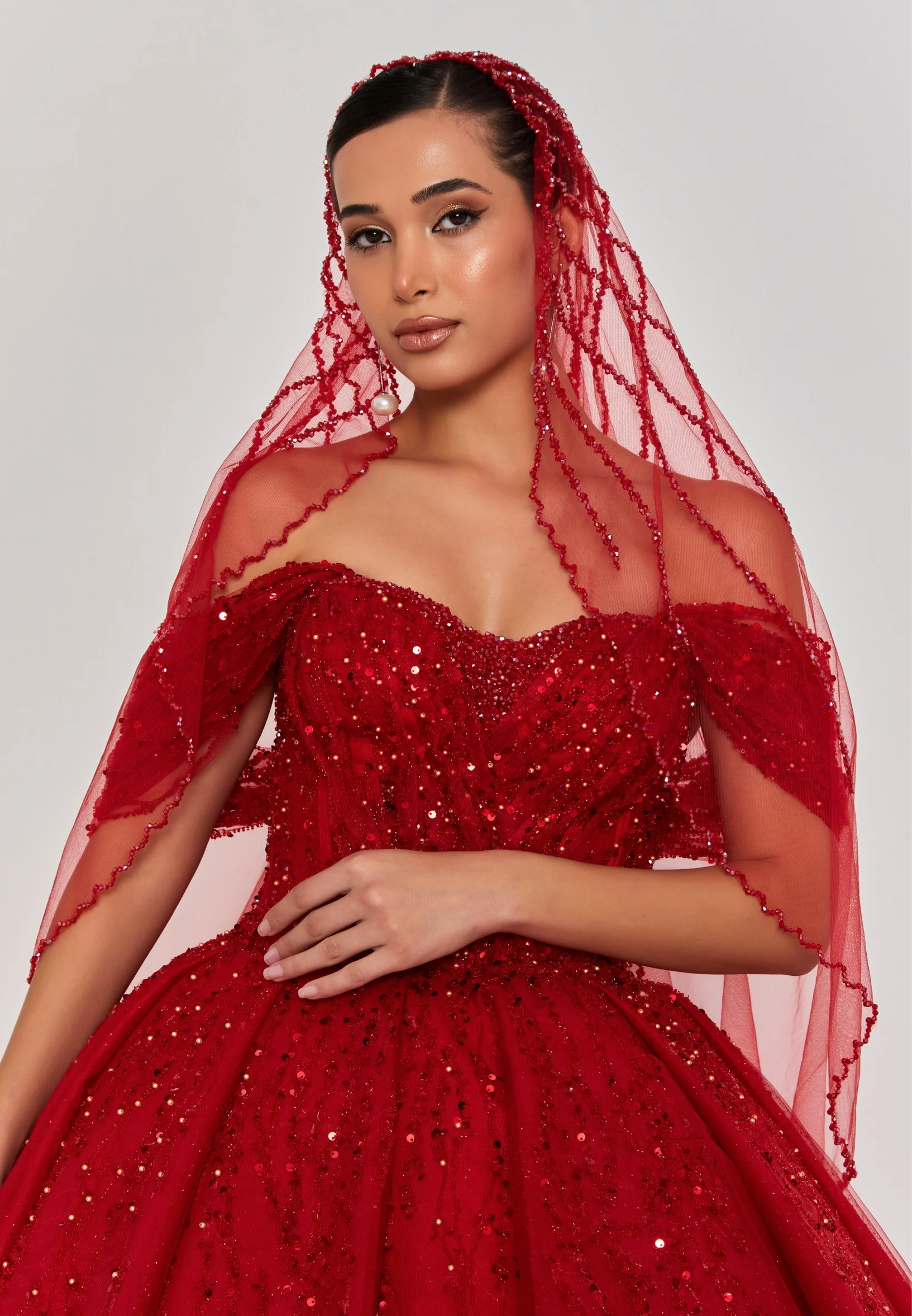 Beaded Section Single Tier Tulle Veil abbdvk180 - Image 24