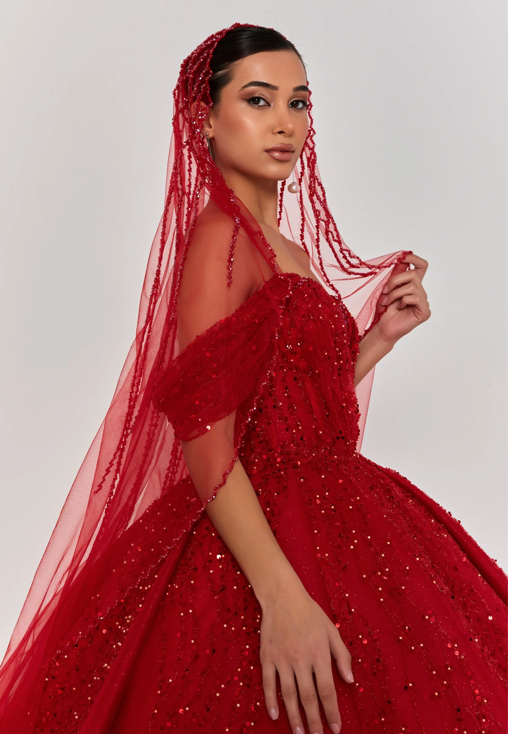 Beaded Section Single Tier Tulle Veil abbdvk180 - Image 25