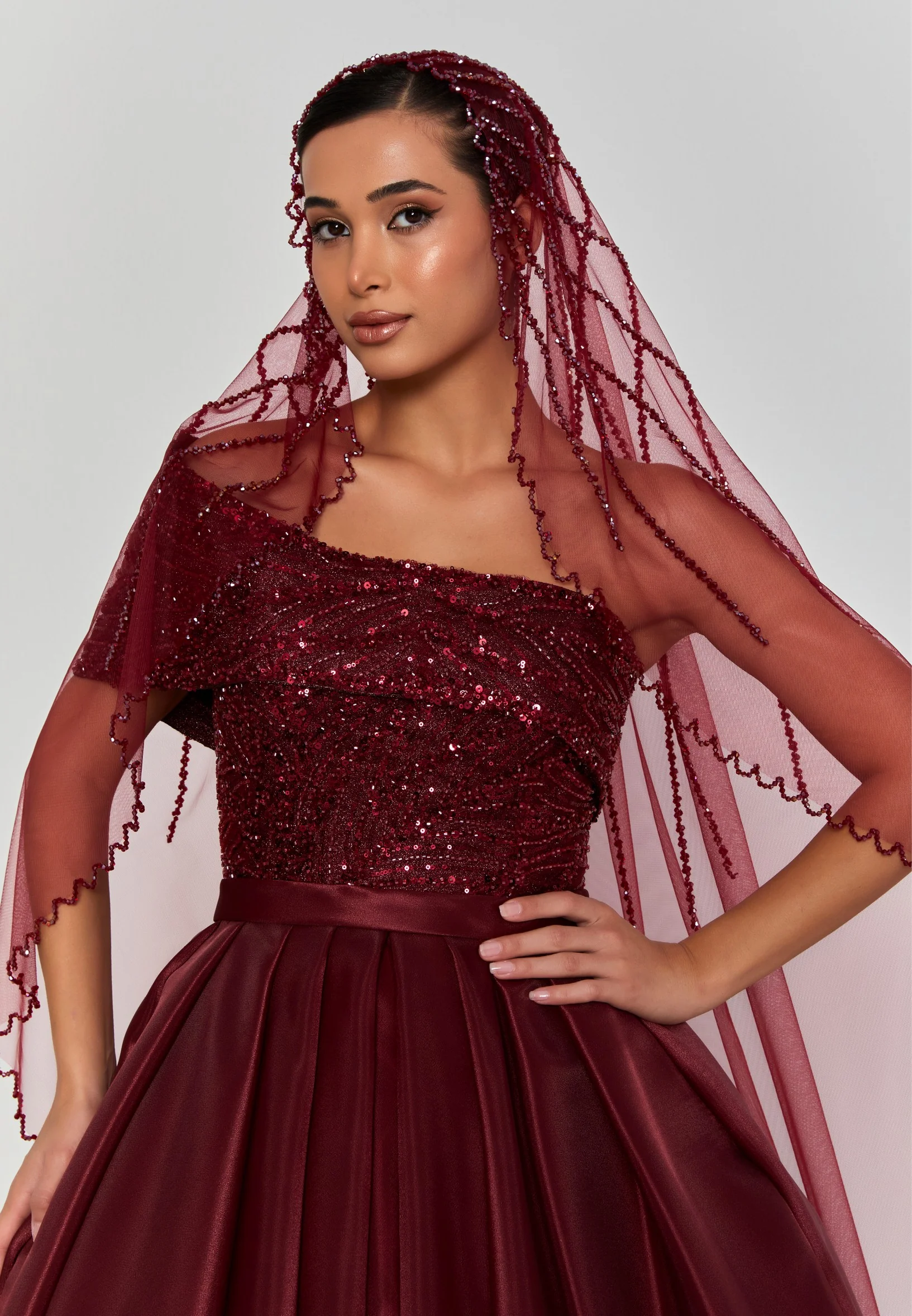Beaded Section Single Tier Tulle Veil abbdvk180 - Image 4