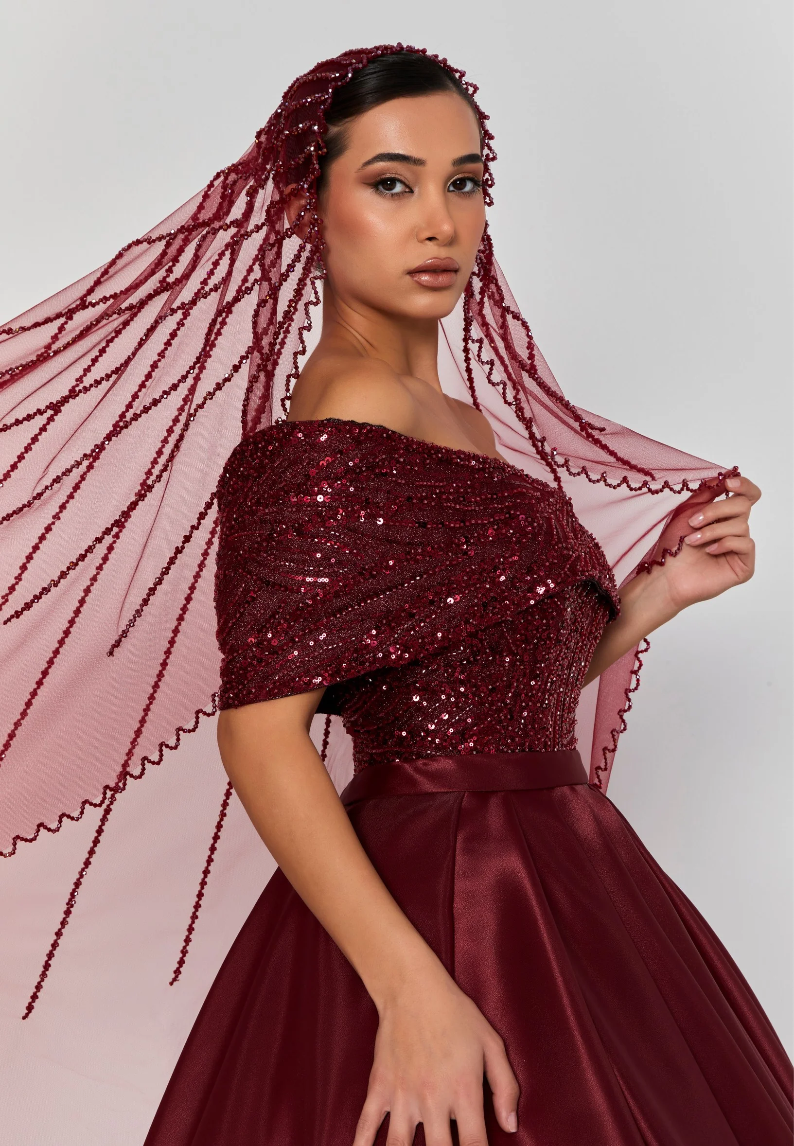 Beaded Section Single Tier Tulle Veil abbdvk180 - Image 5