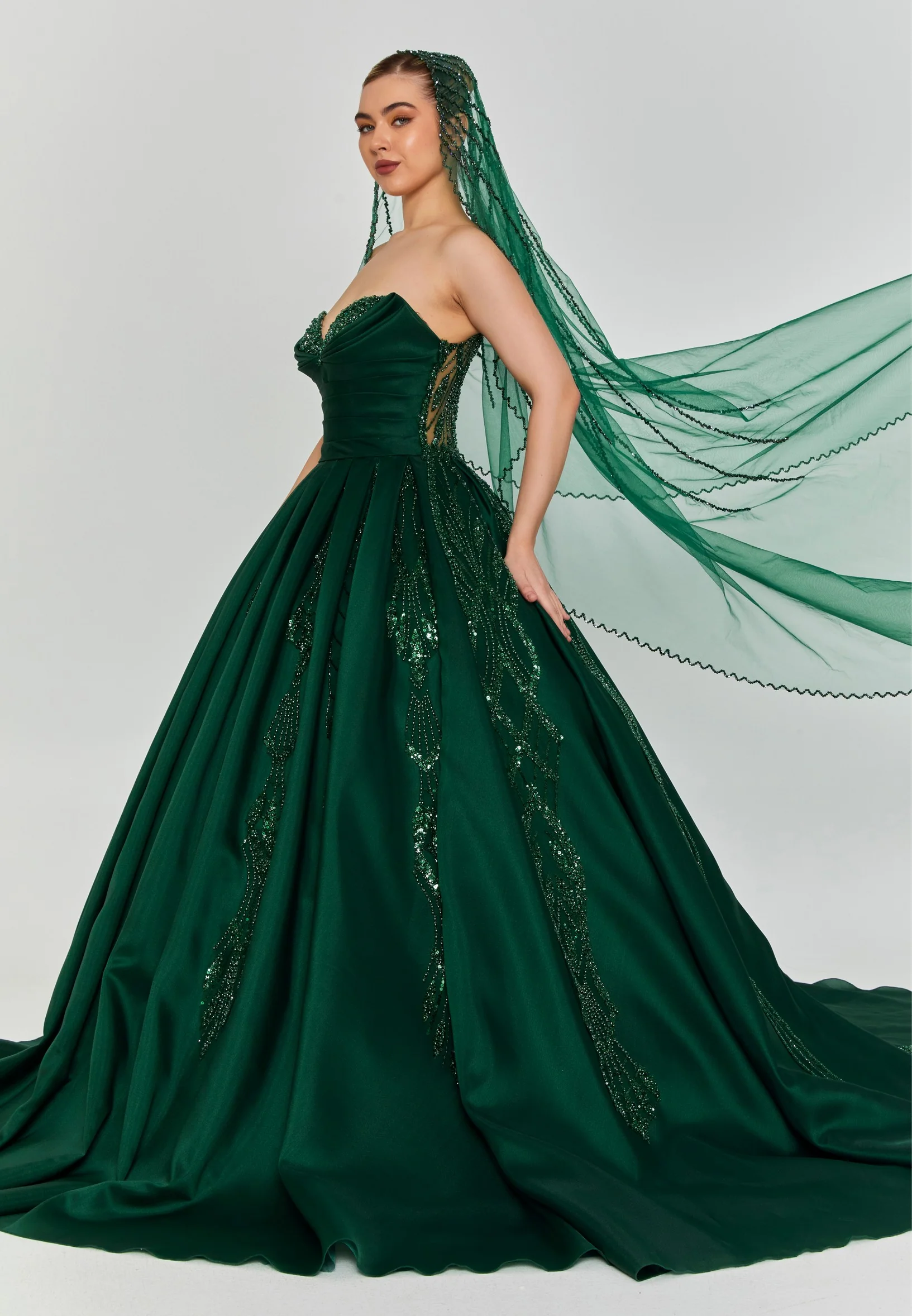 Beaded Section Single Tier Tulle Veil abbdvk180 - Image 8