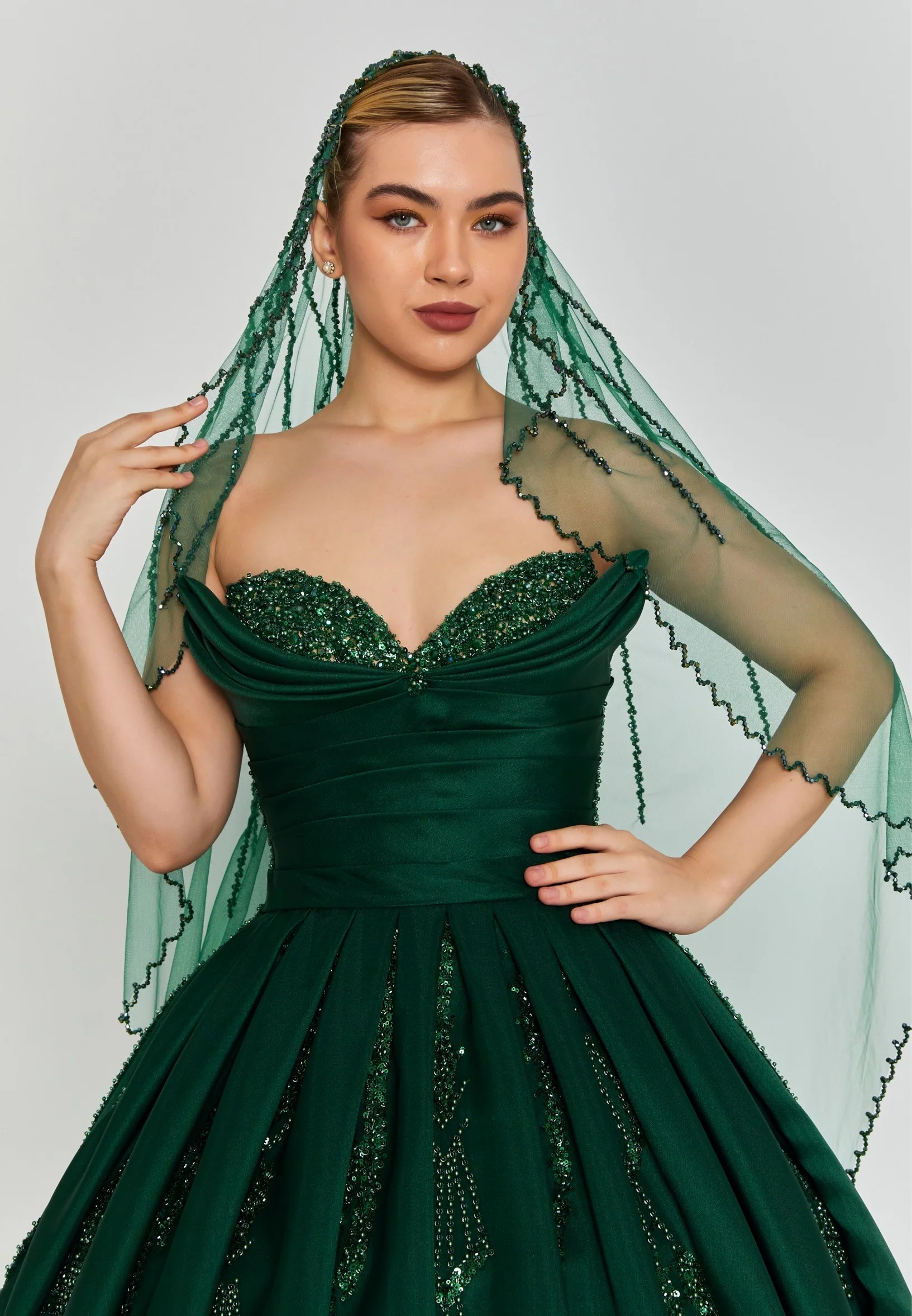 Beaded Section Single Tier Tulle Veil abbdvk180 - Image 9