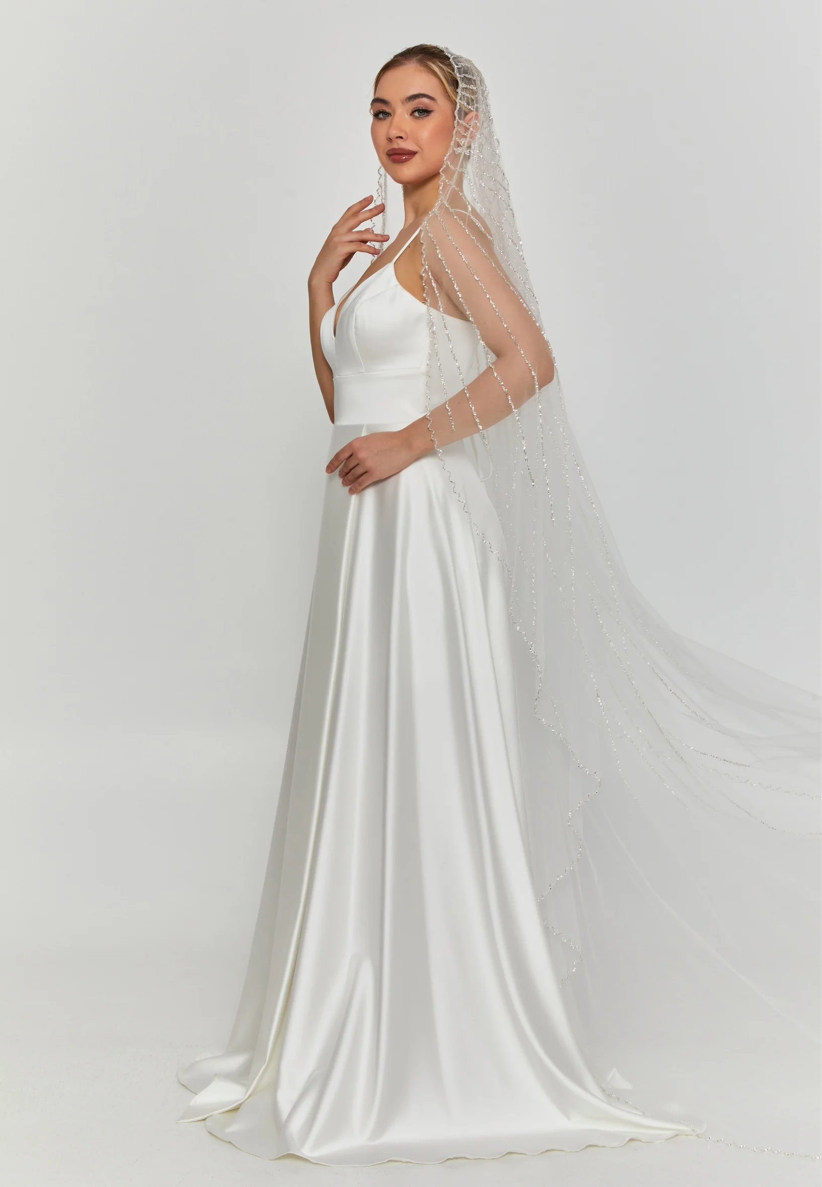 Beaded Section Single Tier Tulle Veil abbdvk190 - Image 3