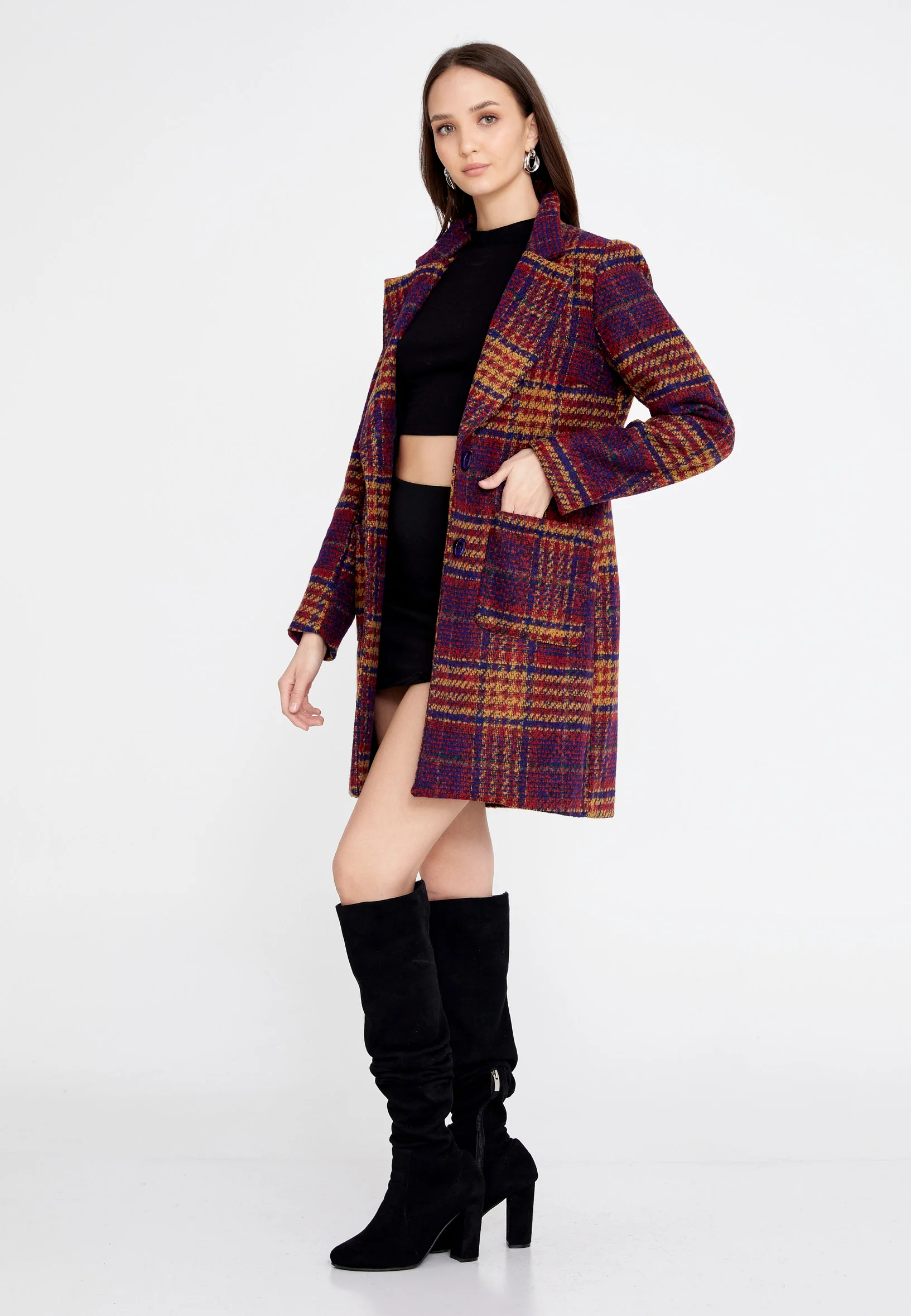 Knitwear Plaid Regular Coat esldg12584 - Image 7