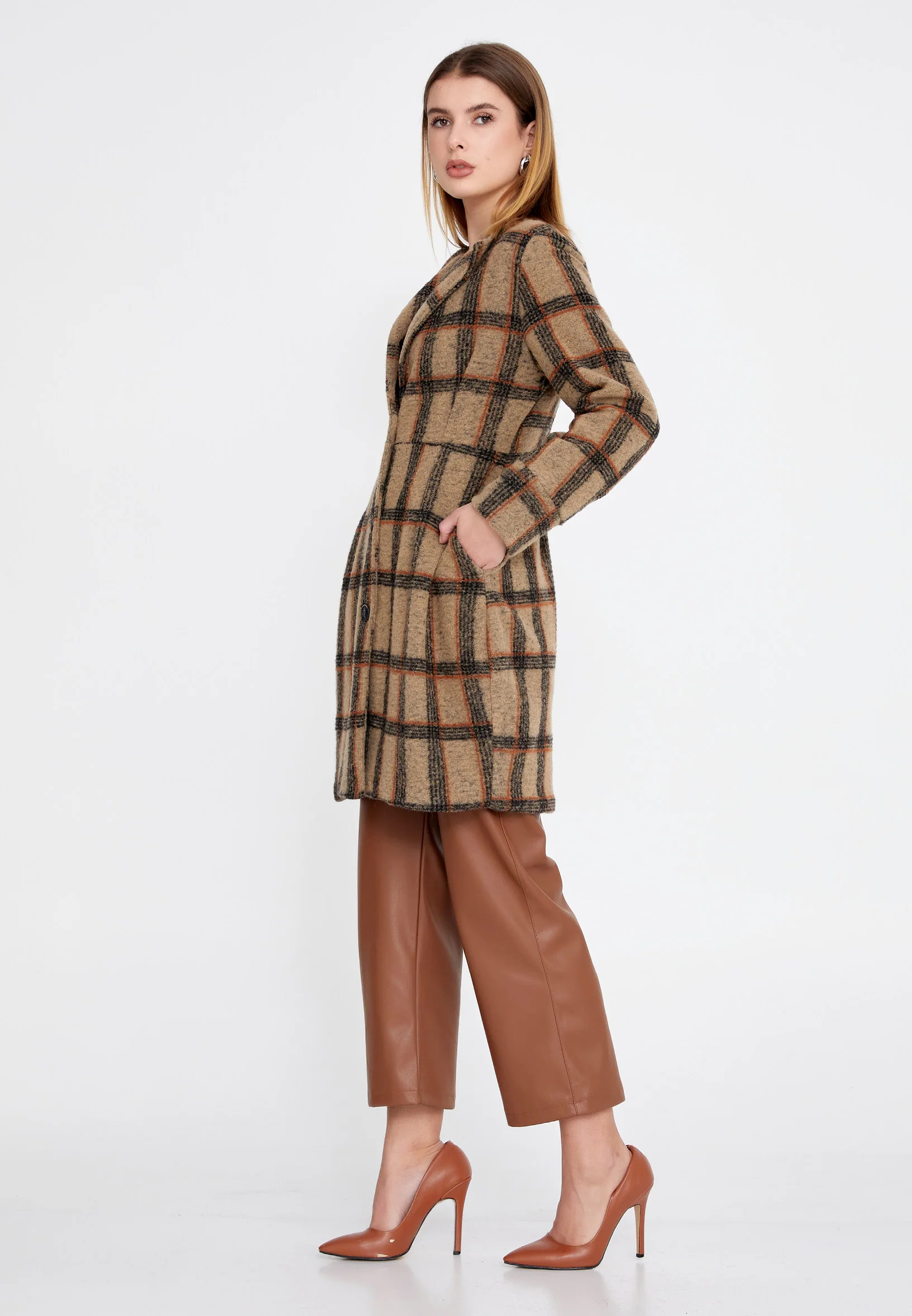 Lana Wool Plaid Regular Coat clf16156 - Image 16