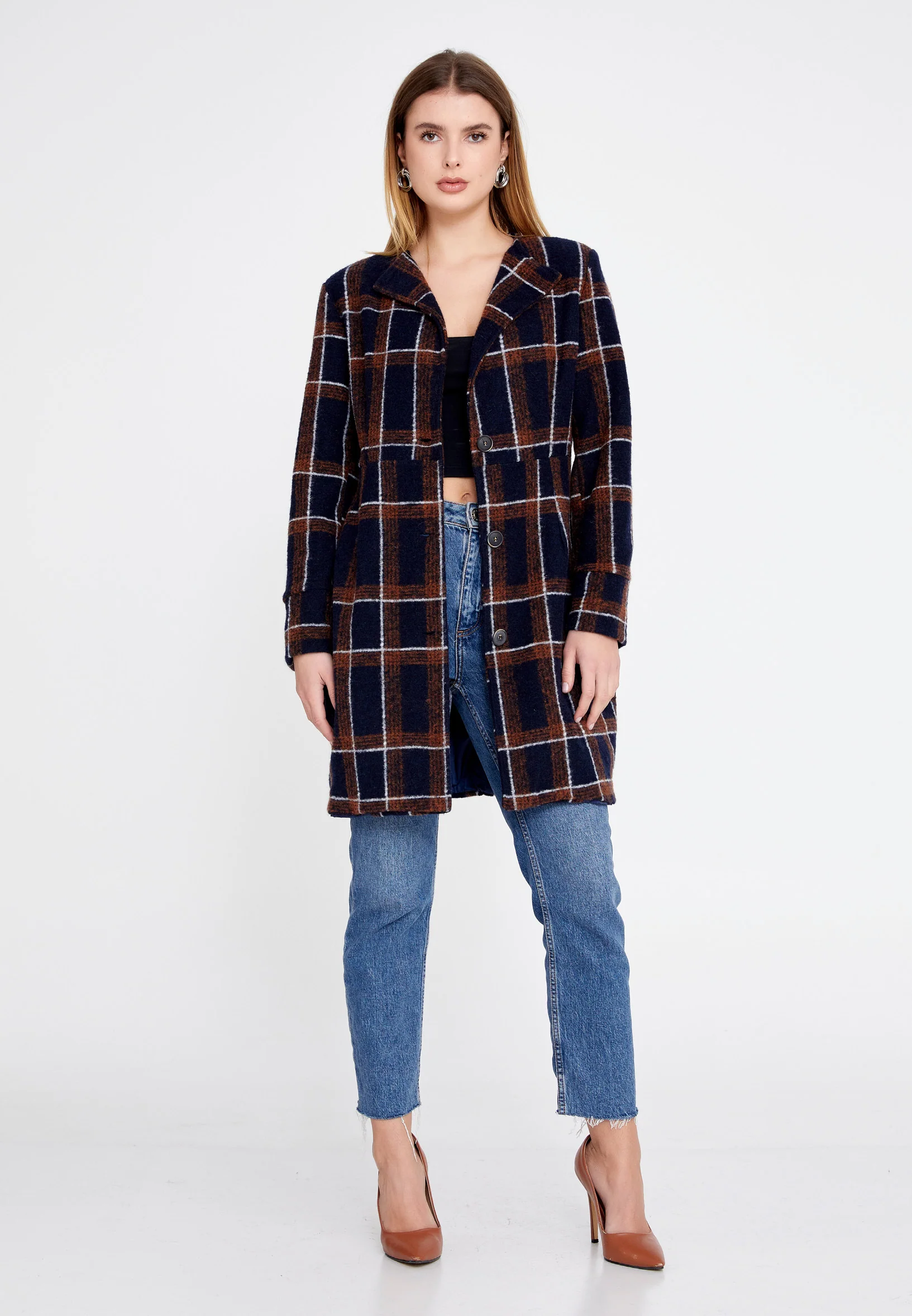Lana Wool Plaid Regular Coat clf16156 - Image 18
