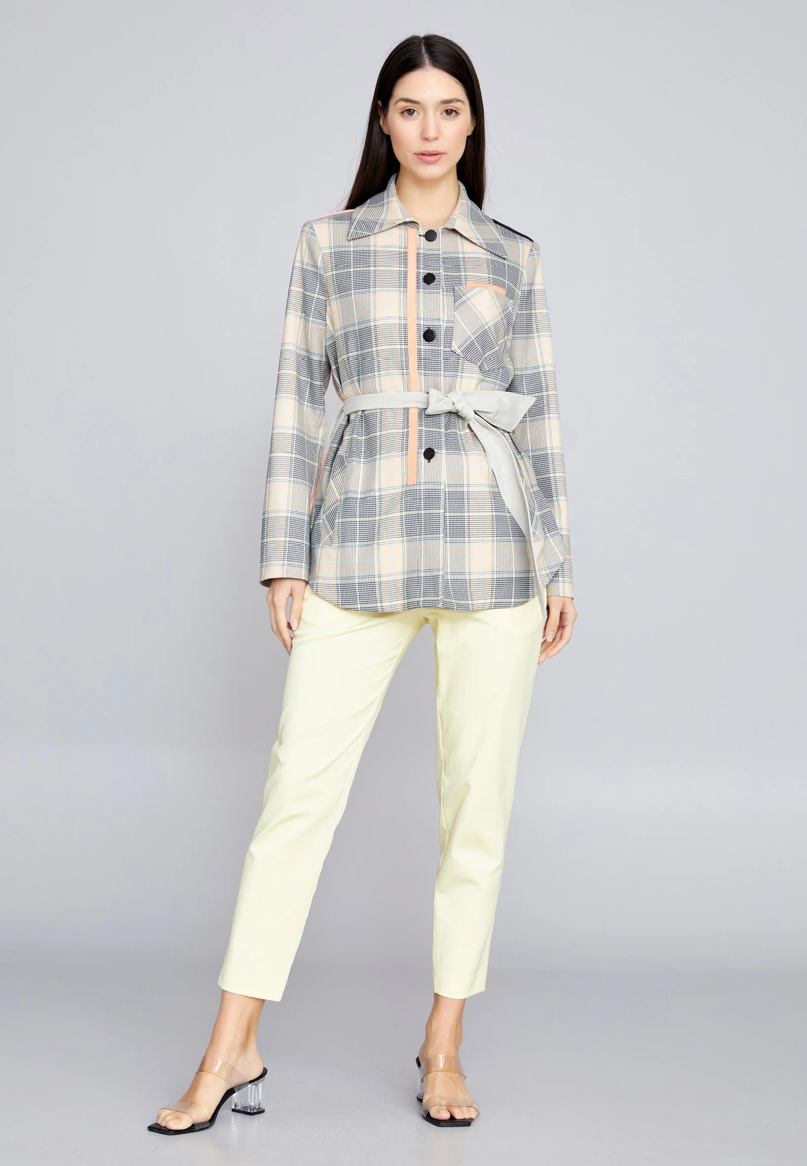 Long Sleeve Crepe Plaid Regular Jacket kmy22s50907 - Image 2