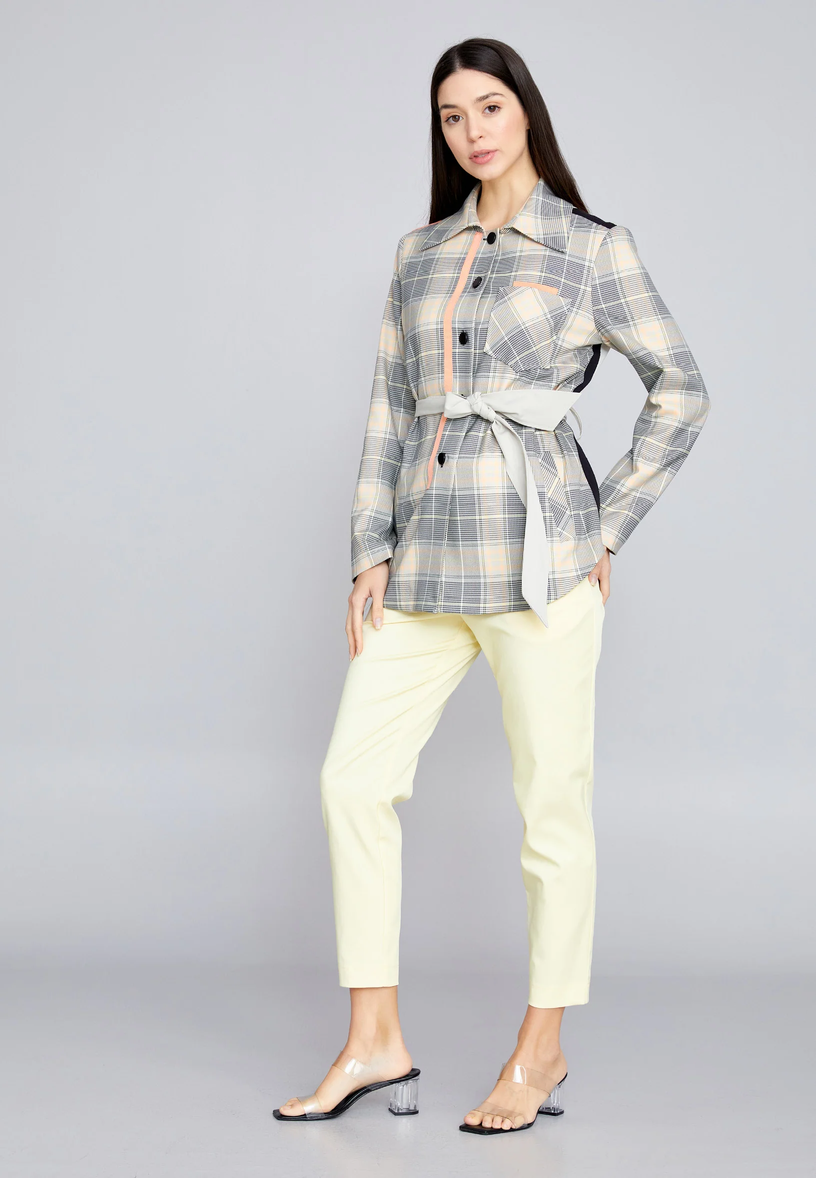 Long Sleeve Crepe Plaid Regular Jacket kmy22s50907 - Image 3