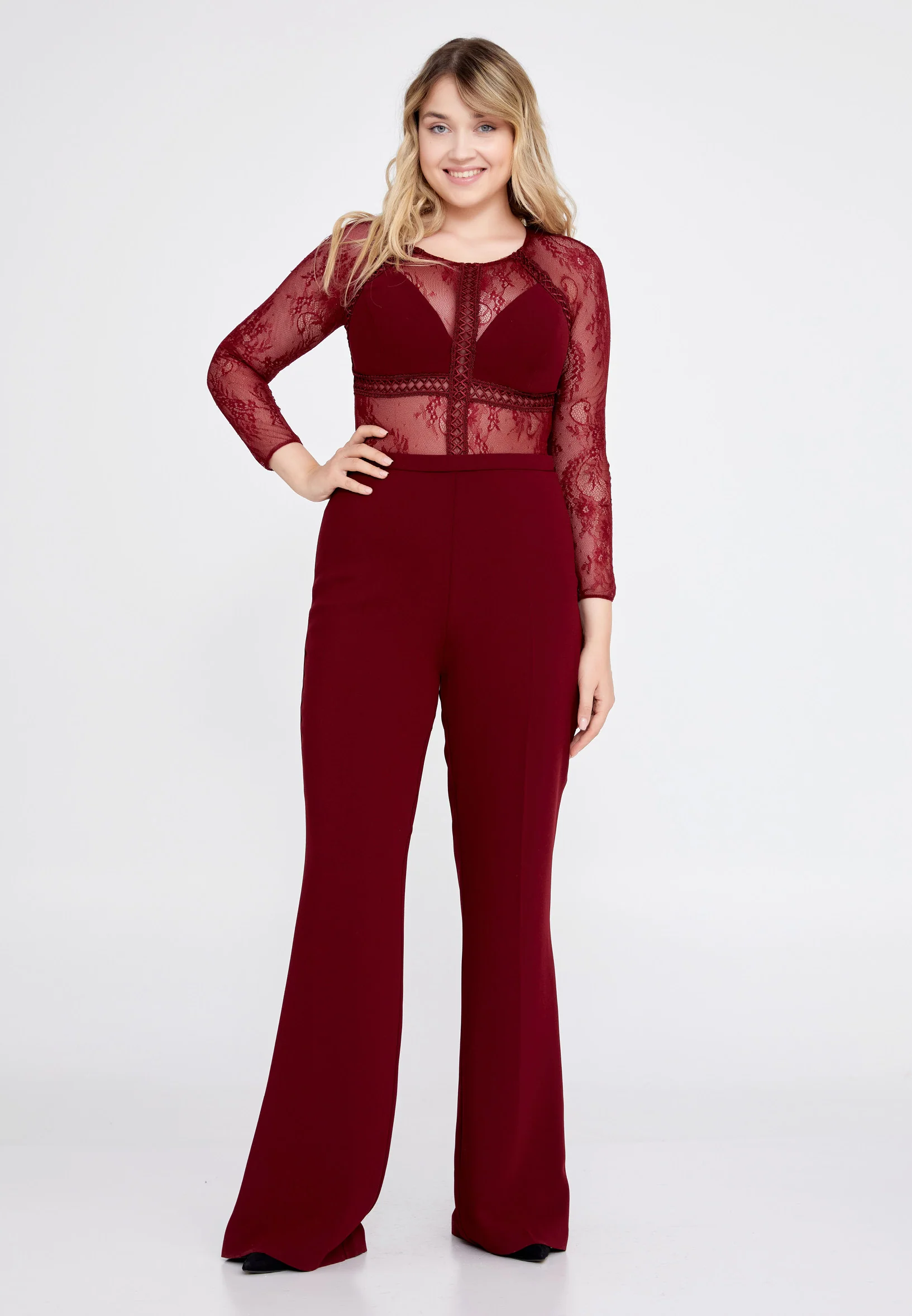 Long Sleeve Crepe Regular Fit Plus Size Evening Jumpsuit pau4236-1