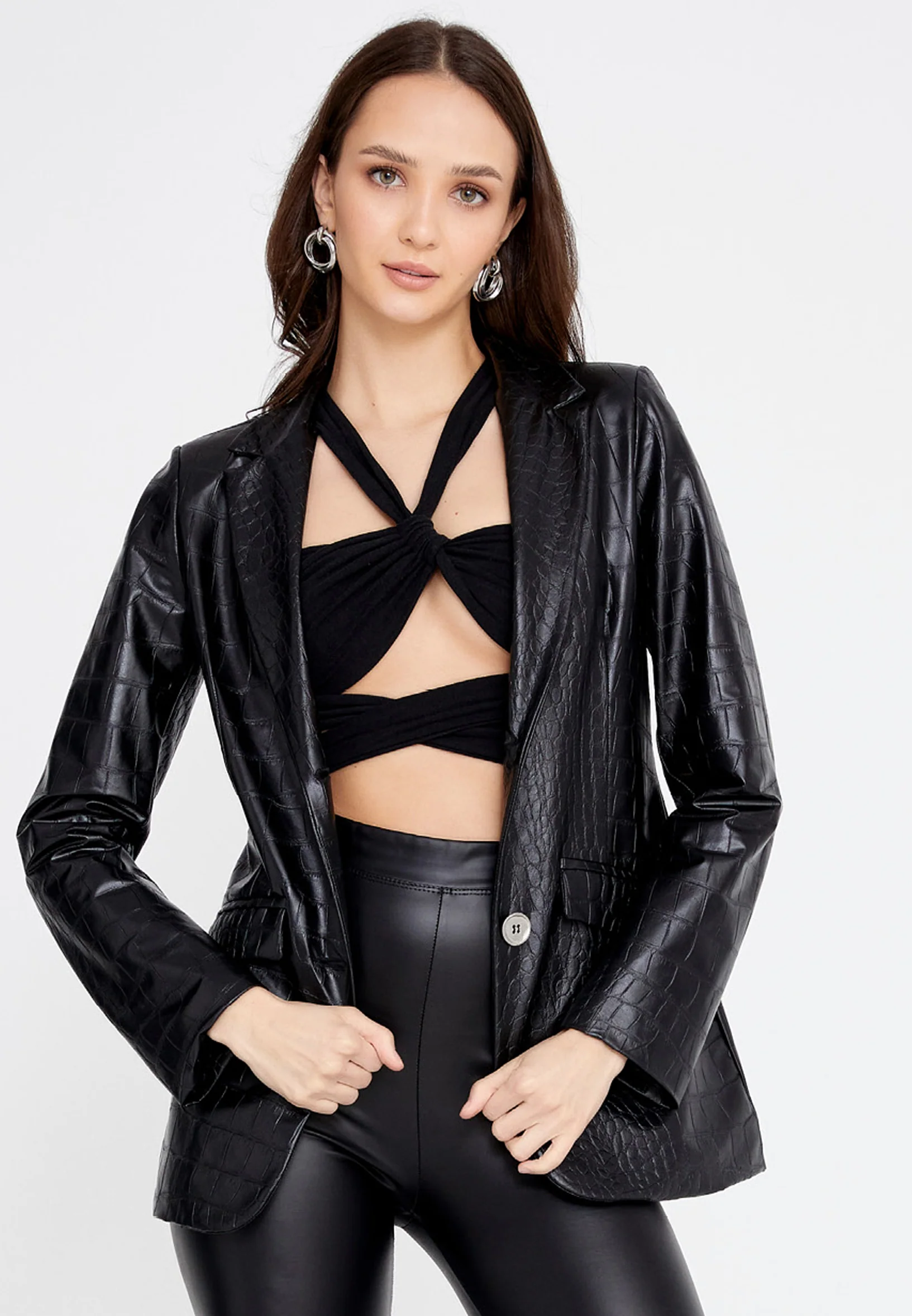Long Sleeve Faux Leather Solid Color Regular Jacket esld670p