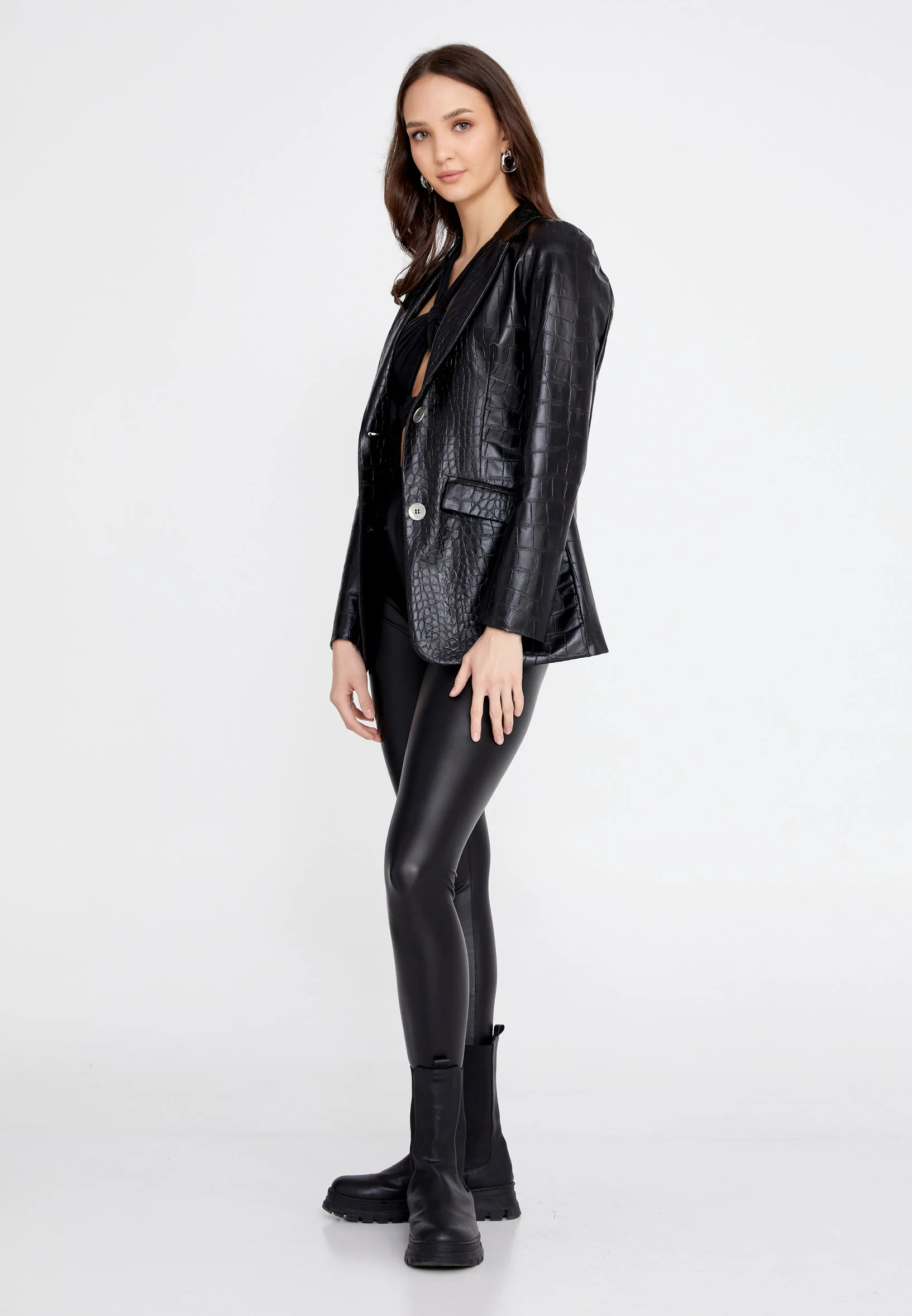 Long Sleeve Faux Leather Solid Color Regular Jacket esld670p - Image 3