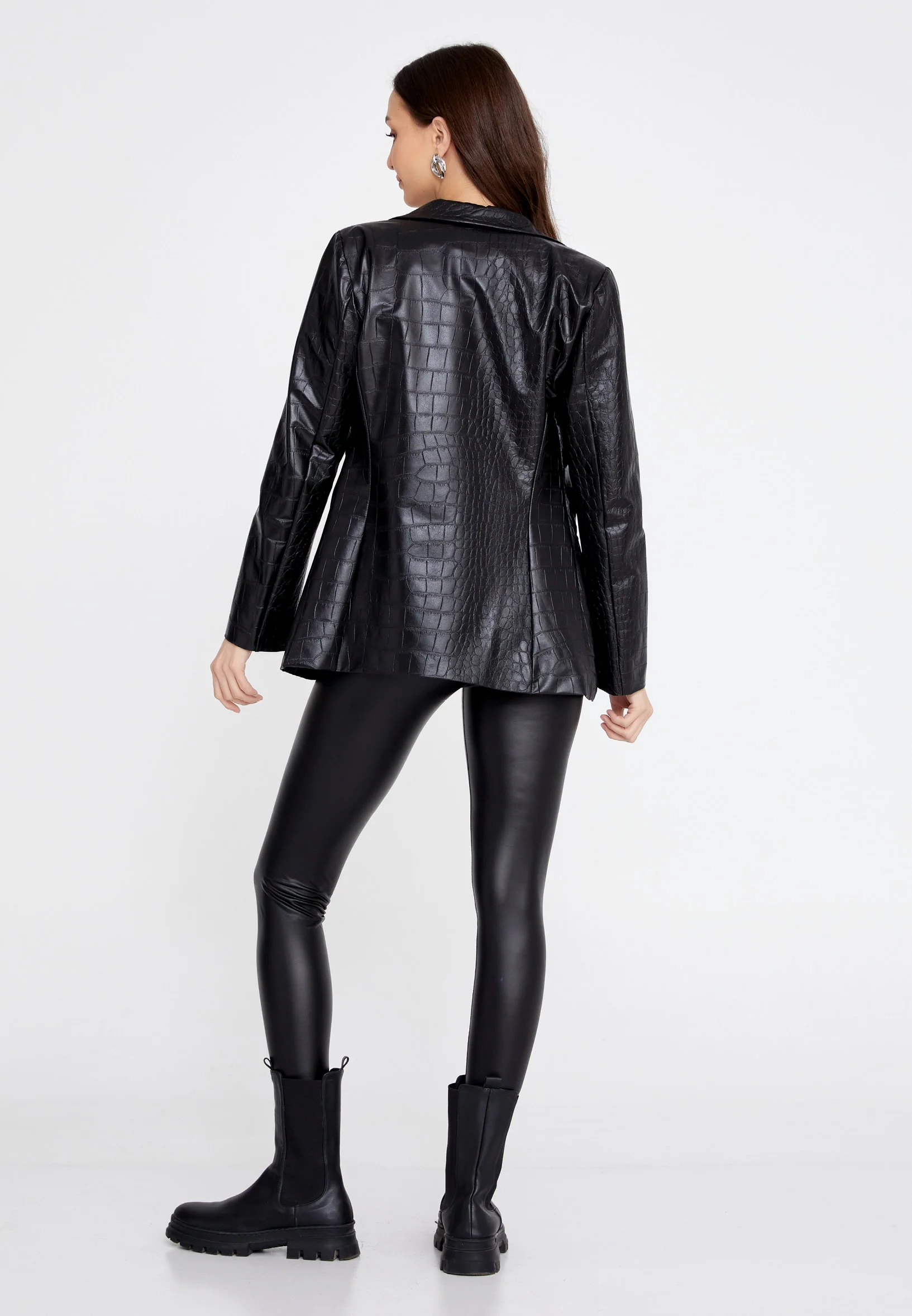 Long Sleeve Faux Leather Solid Color Regular Jacket esld670p - Image 4