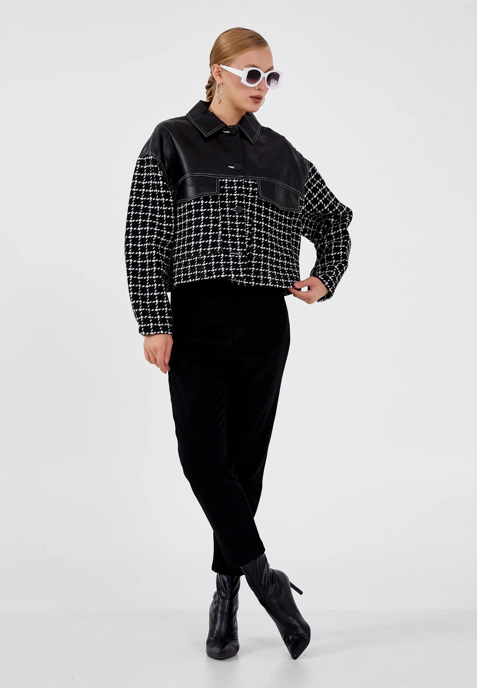Long Sleeve Faux Leather Striped Regular Jacket ber23k1105 - Image 2