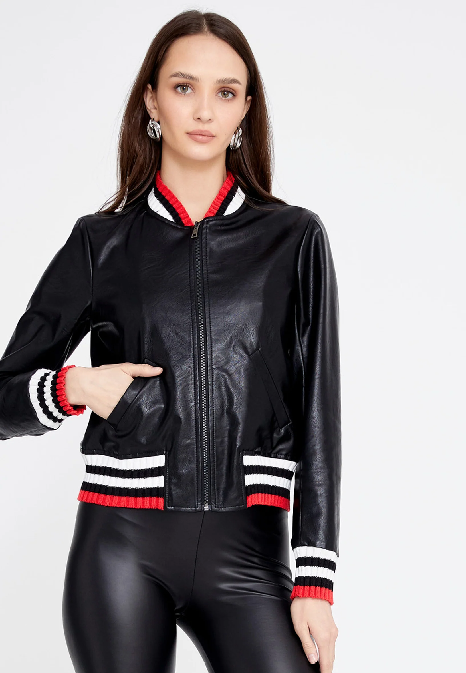 Long Sleeve Faux Leather Striped Regular Jacket eslzeg0909
