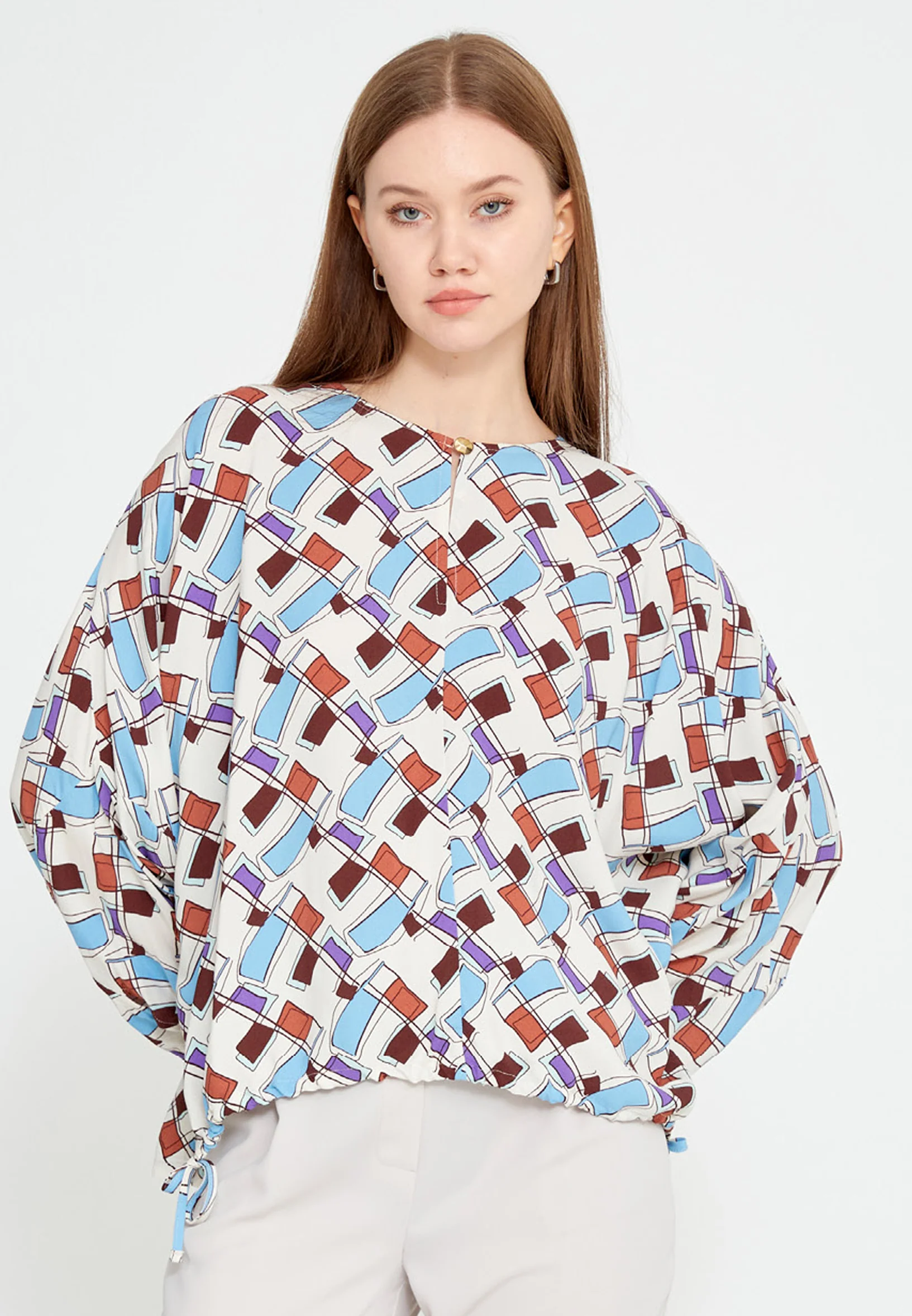 Long Sleeve Geometric Regular Blouse kmy24y10430
