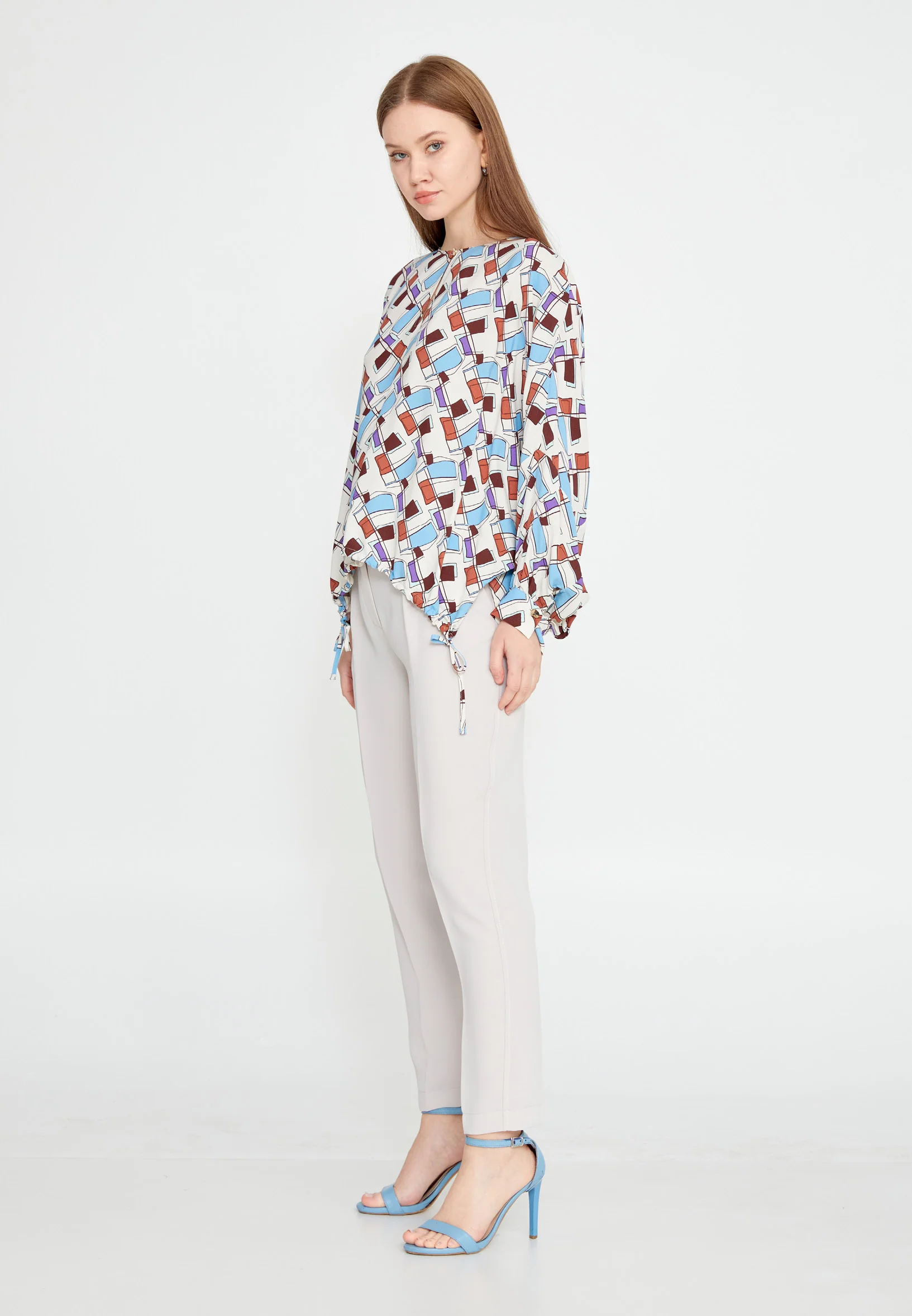 Long Sleeve Geometric Regular Blouse kmy24y10430 - Image 3