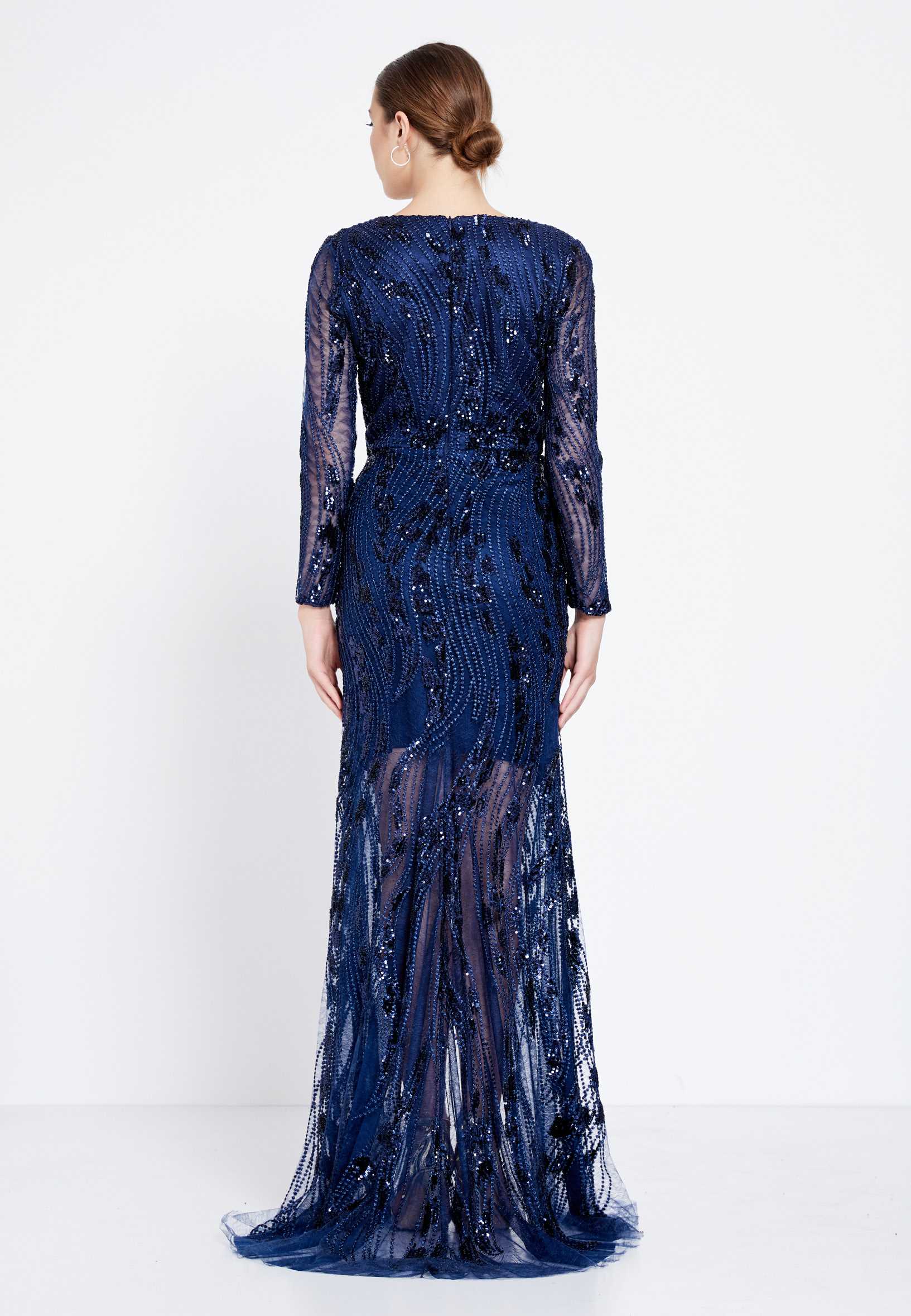Long Sleeve High-Low Sequin Column Regular Prom Dress rmn2763 - Image 10