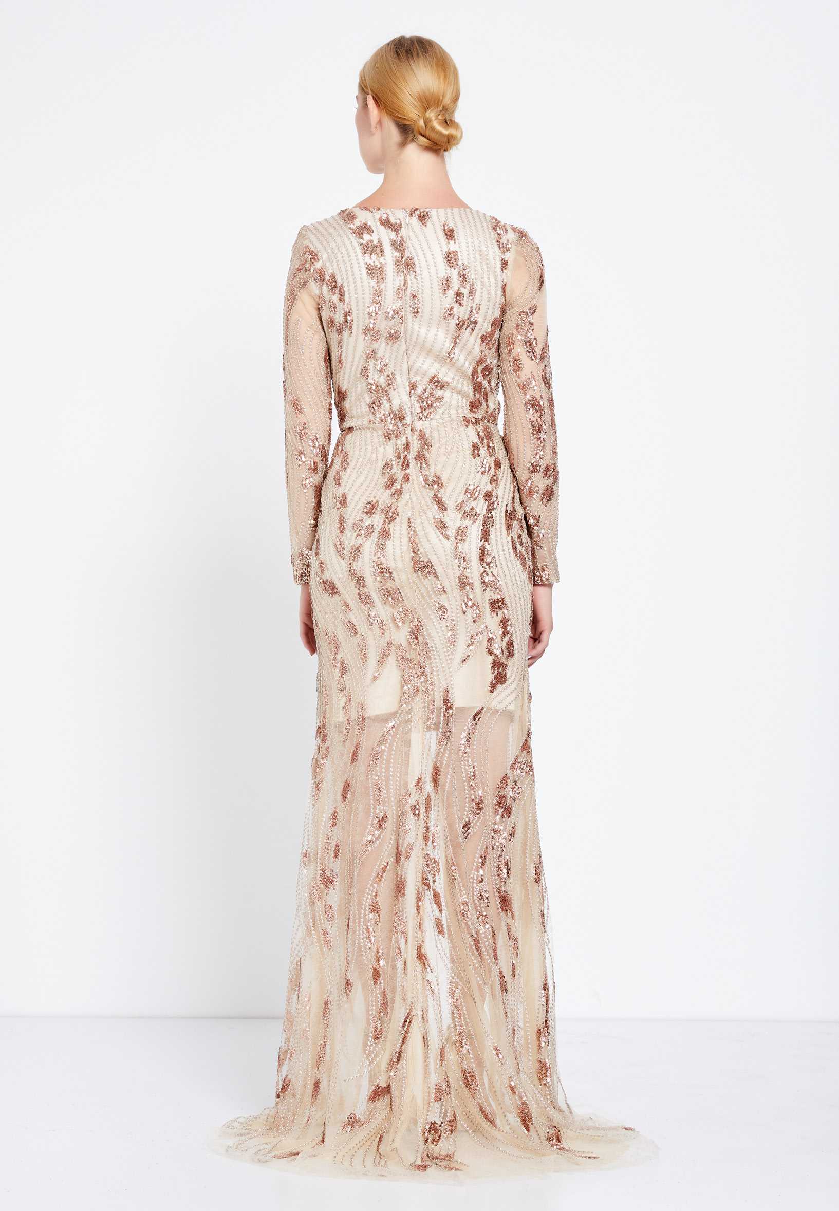 Long Sleeve High-Low Sequin Column Regular Prom Dress rmn2763 - Image 2