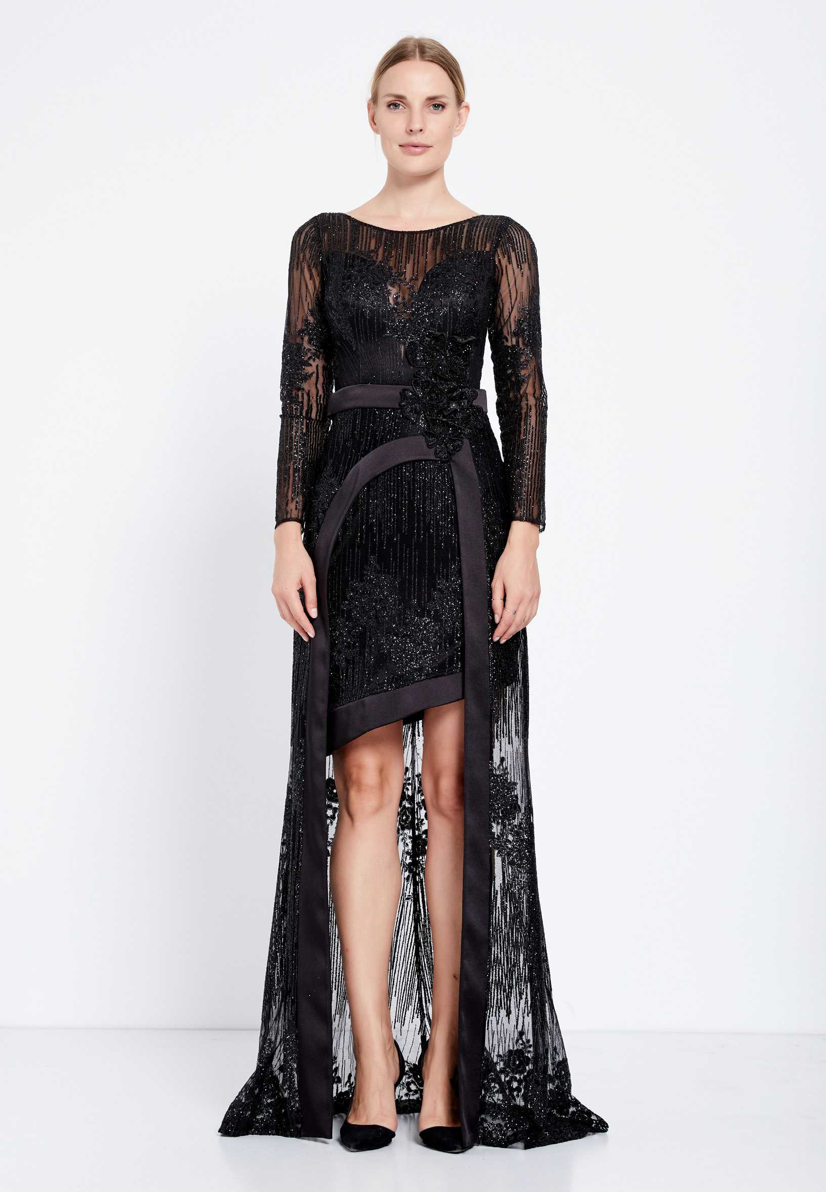 Long Sleeve High-Low Tulle Column Regular Prom Dress rmn2653