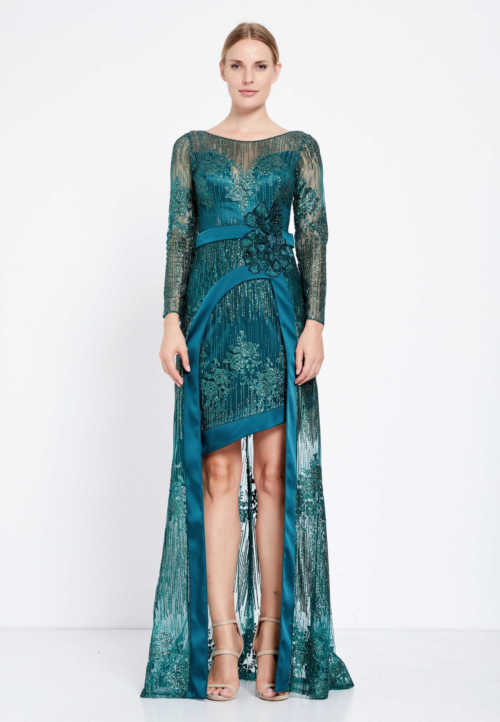 Long Sleeve High-Low Tulle Column Regular Prom Dress rmn2653 - Image 5