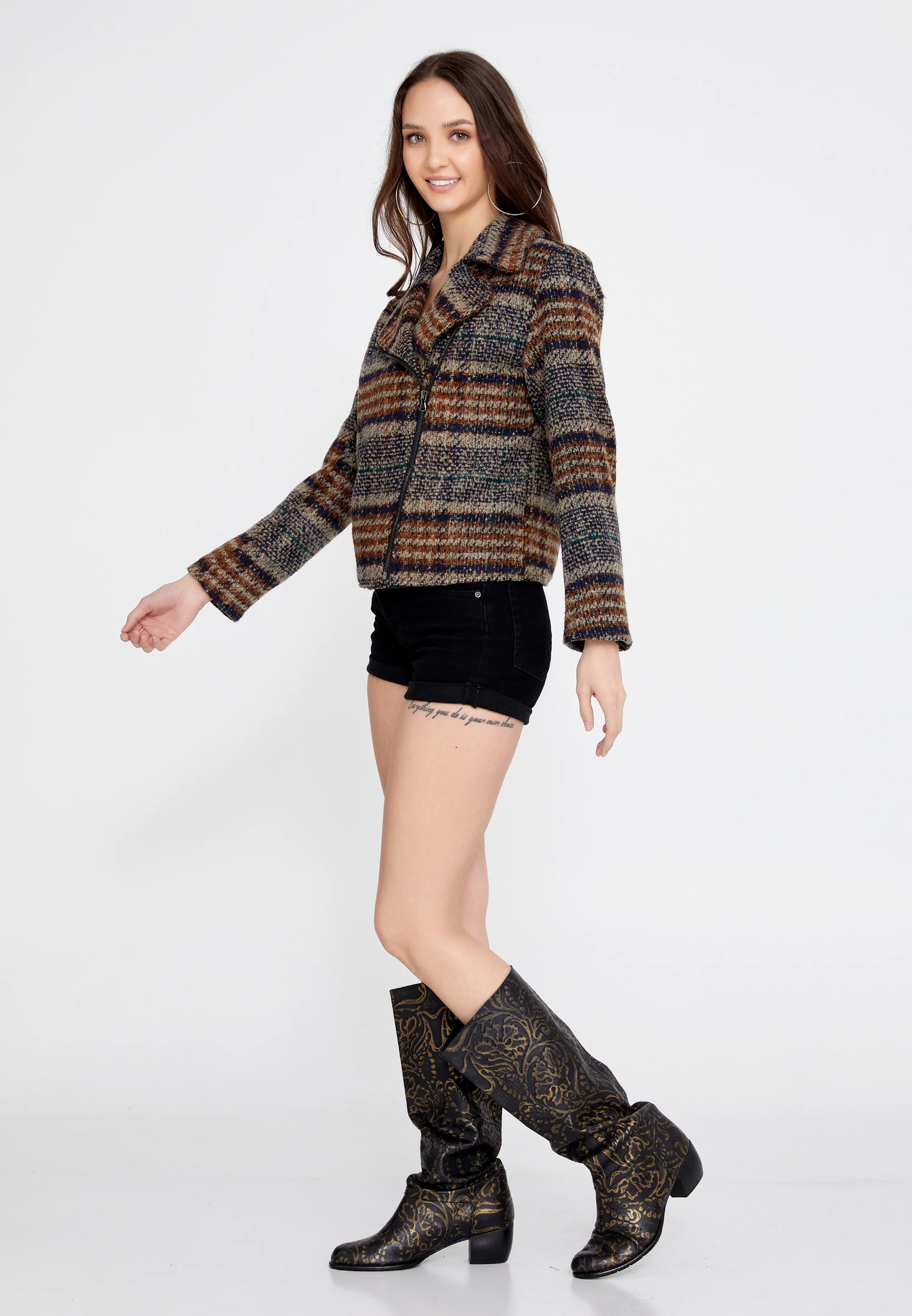 Long Sleeve Knitwear Plaid Regular Jacket esldg12532 - Image 3