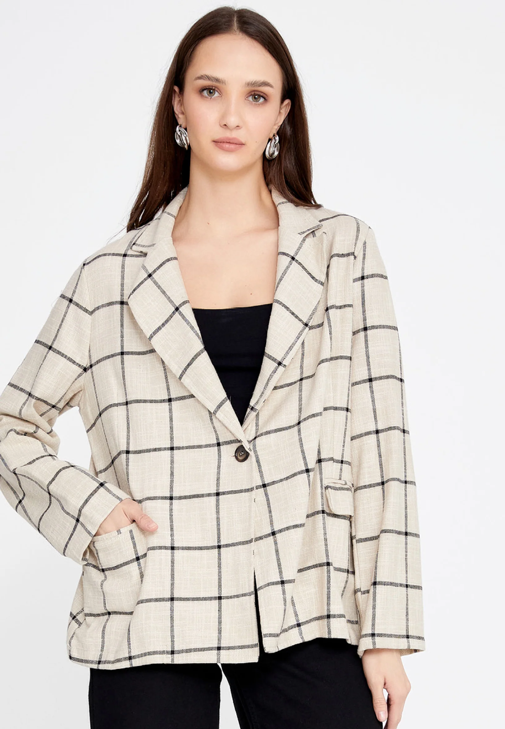 Long Sleeve Linen Plaid Regular Jacket rui191017